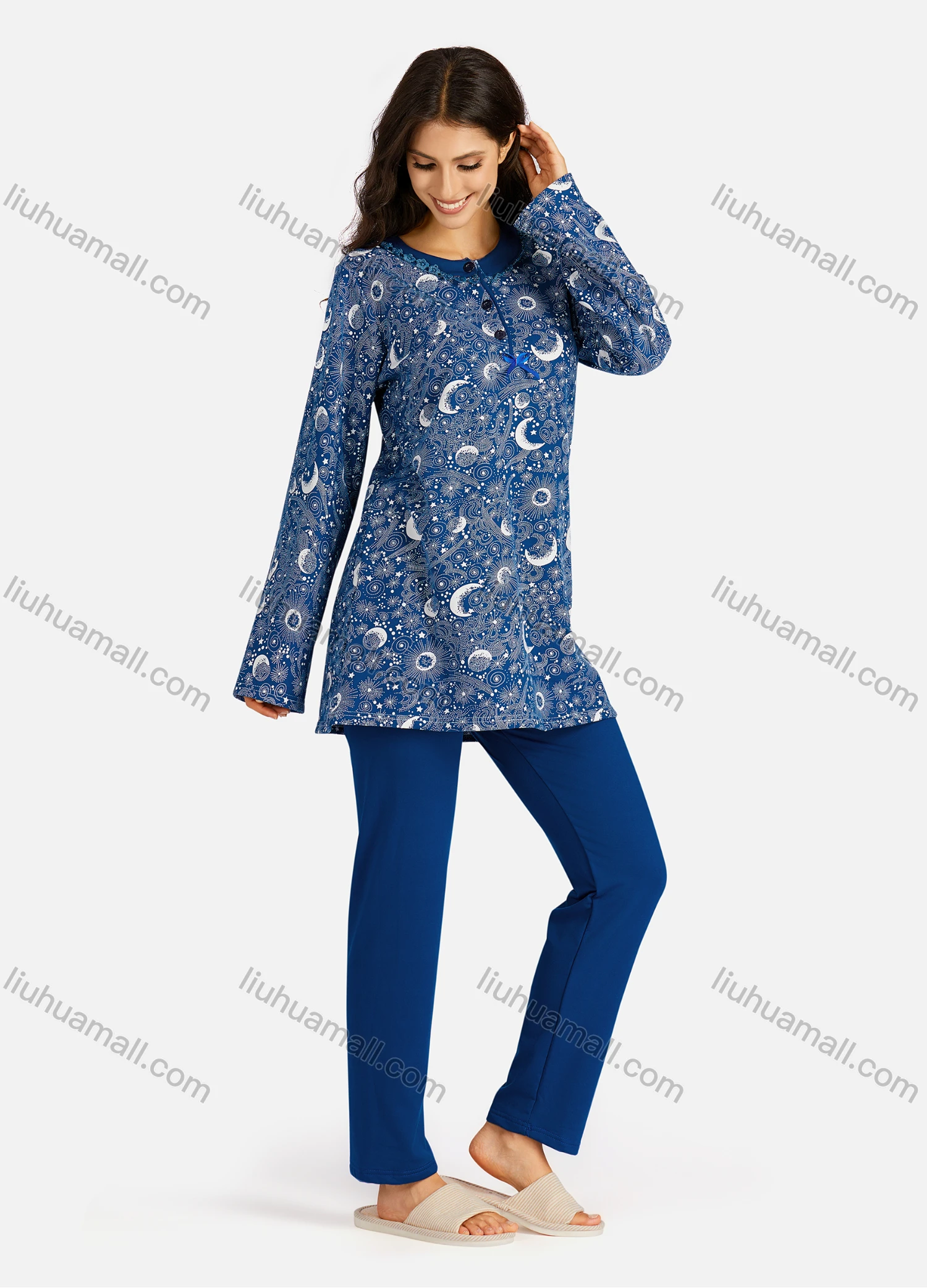 Wholesale Women's Henley Collar Allover Print Long Sleeve Lounge Pajama 2 Piece Set - Liuhuamall