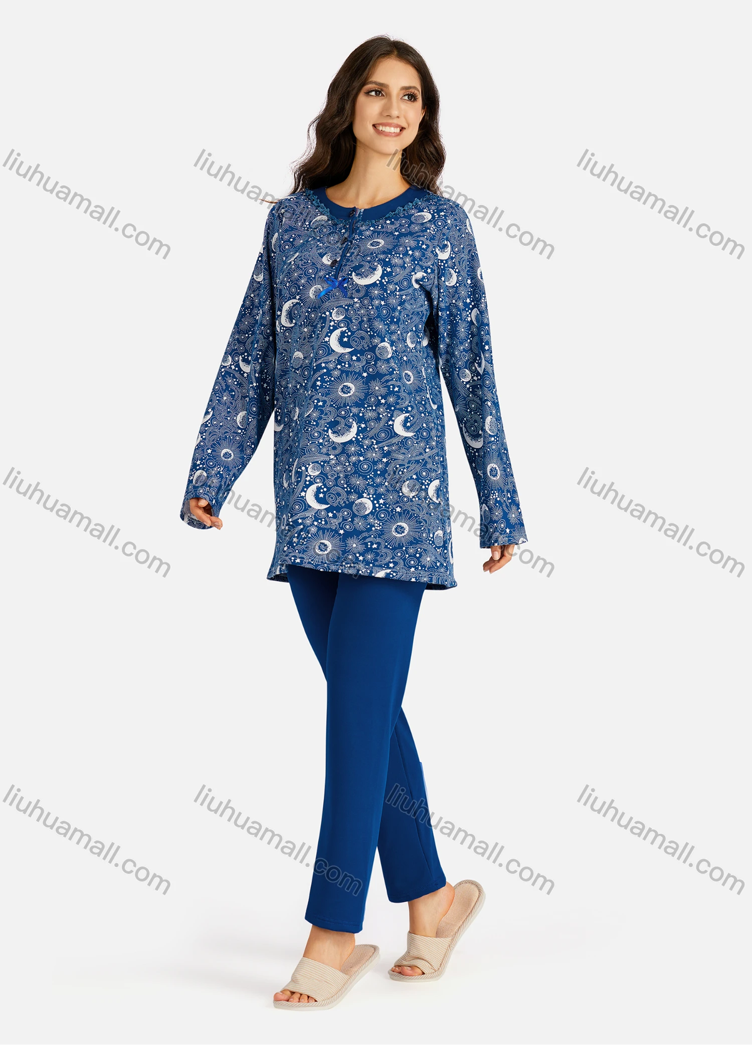 Wholesale Women's Henley Collar Allover Print Long Sleeve Lounge Pajama 2 Piece Set - Liuhuamall