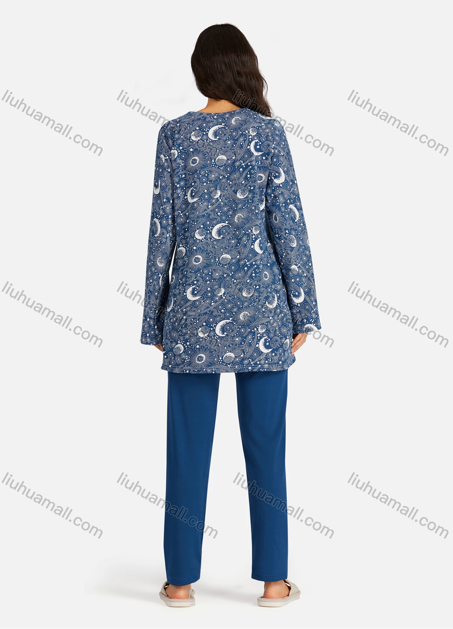 Wholesale Women's Henley Collar Allover Print Long Sleeve Lounge Pajama 2 Piece Set - Liuhuamall