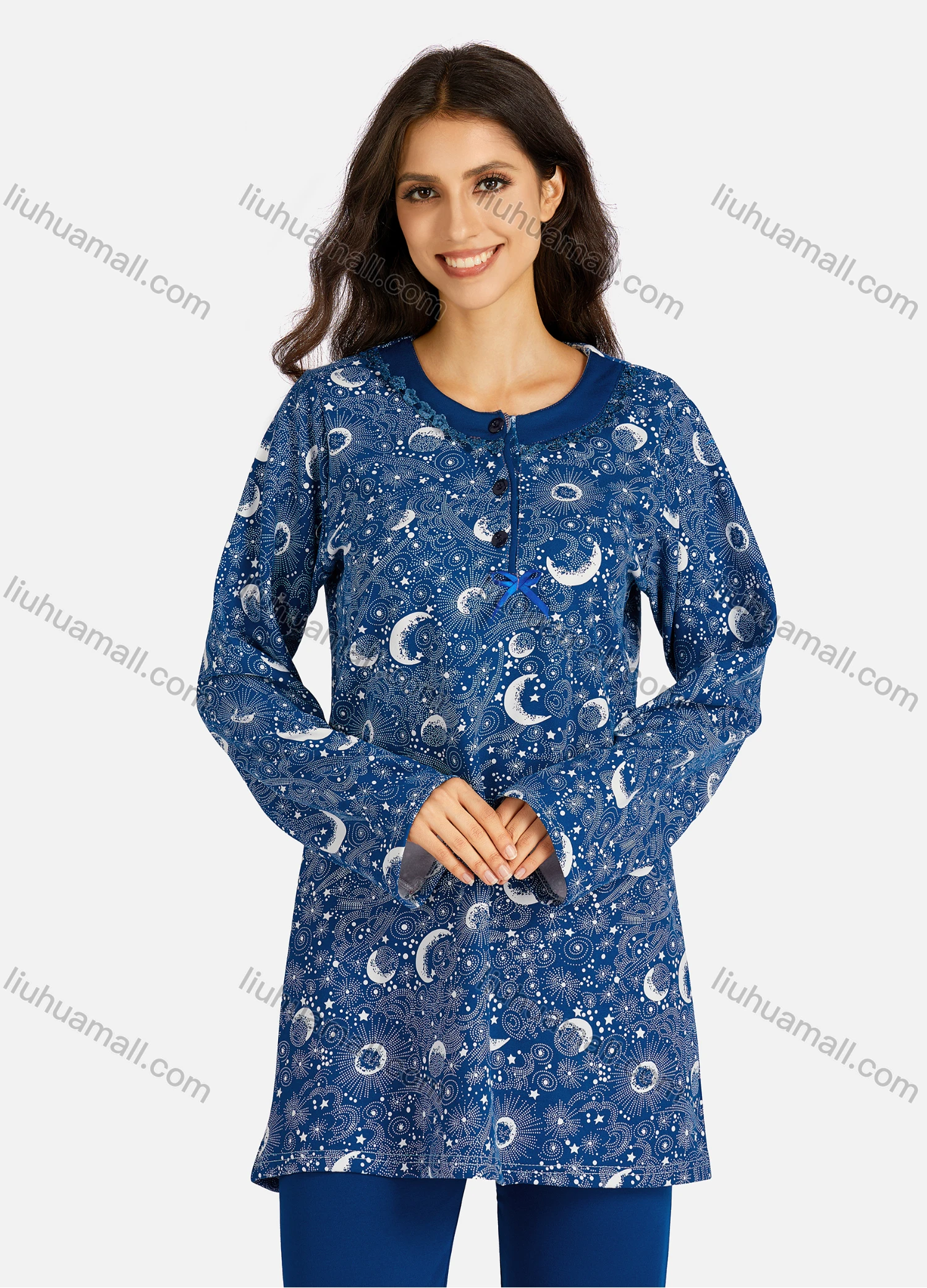Wholesale Women's Henley Collar Allover Print Long Sleeve Lounge Pajama 2 Piece Set - Liuhuamall