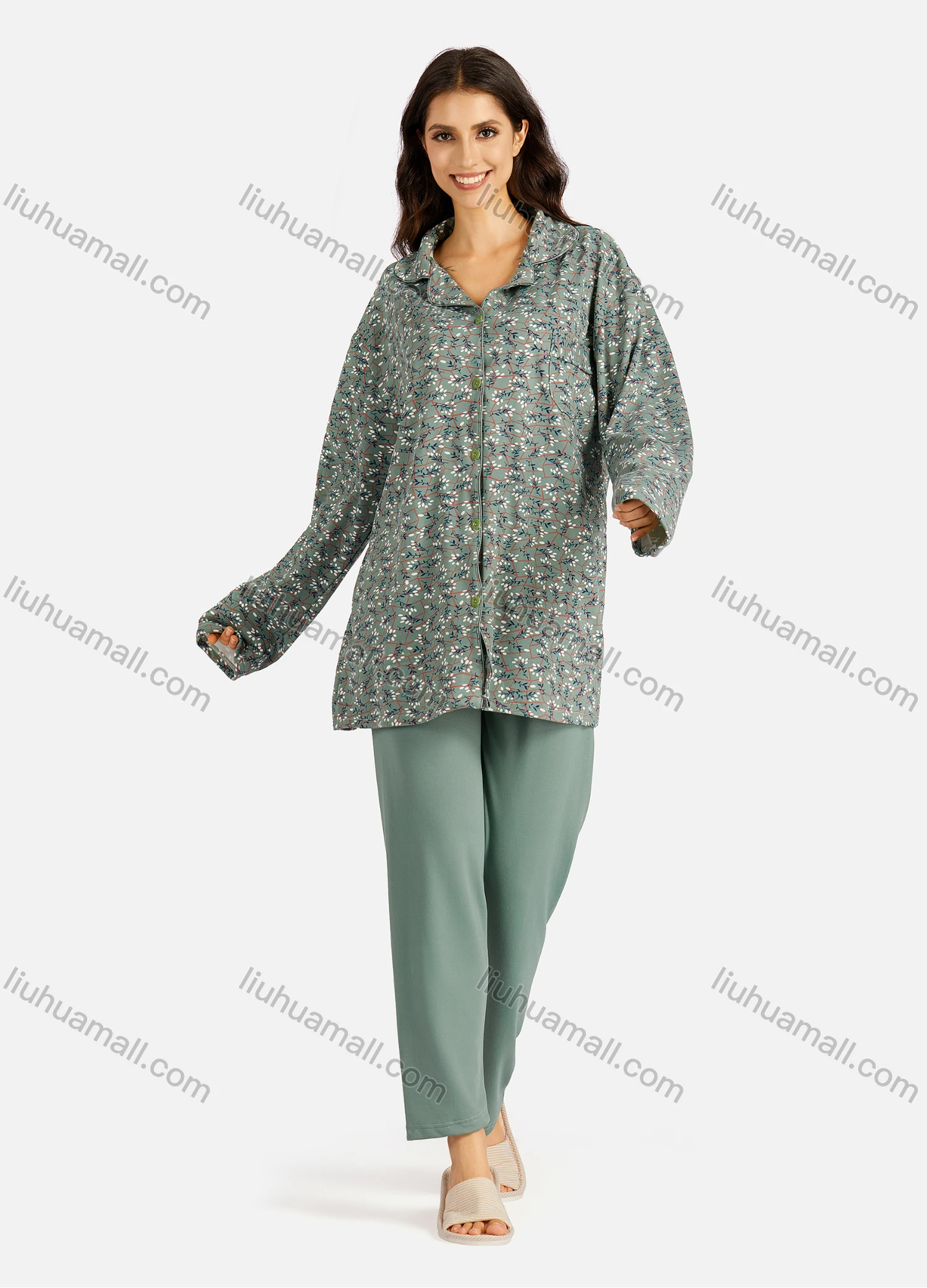 Wholesale Women's Collared Allover Floral Print Long Sleeve Lounge Pajama 2 Piece Set - Liuhuamall