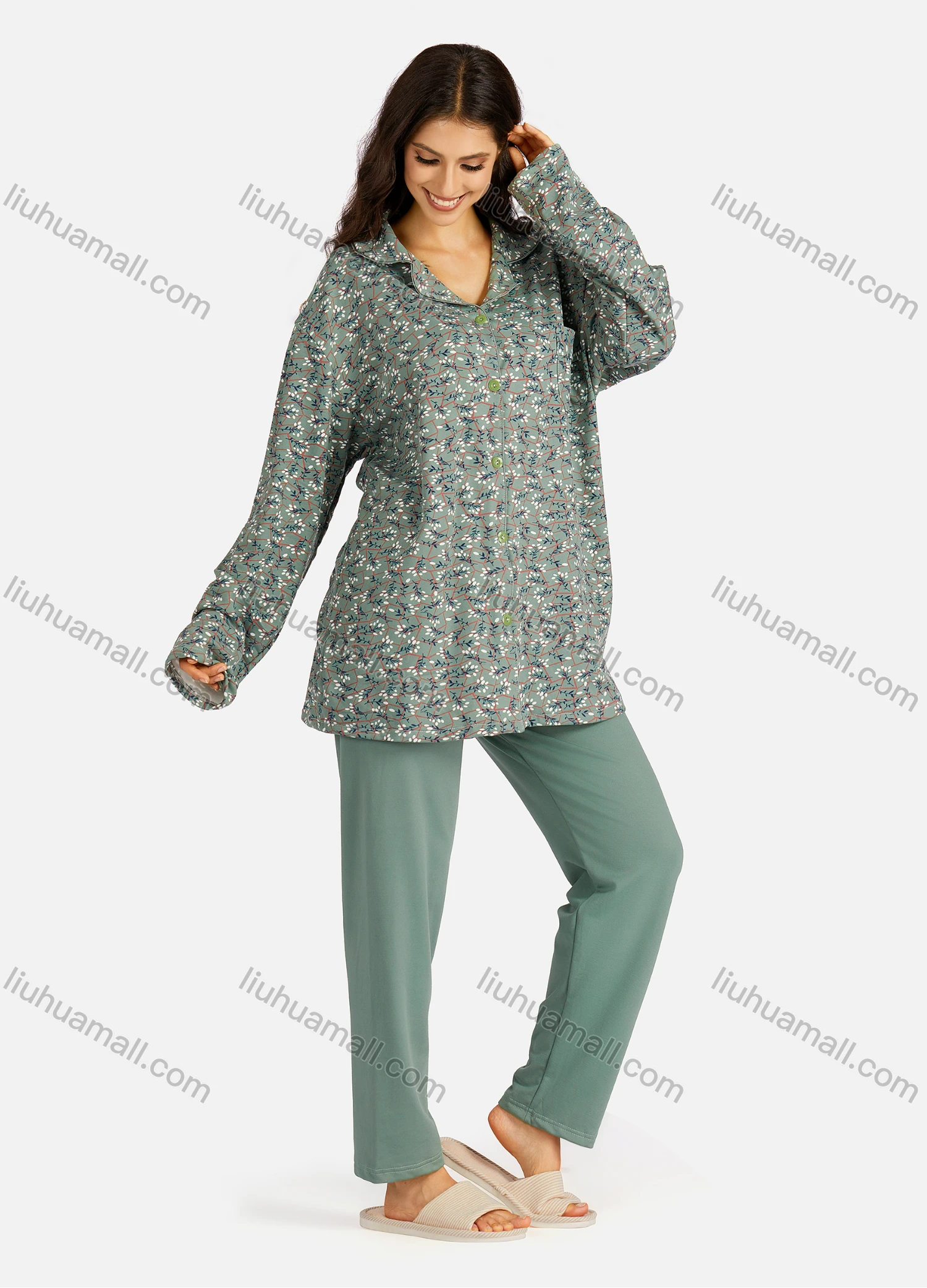 Wholesale Women's Collared Allover Floral Print Long Sleeve Lounge Pajama 2 Piece Set - Liuhuamall