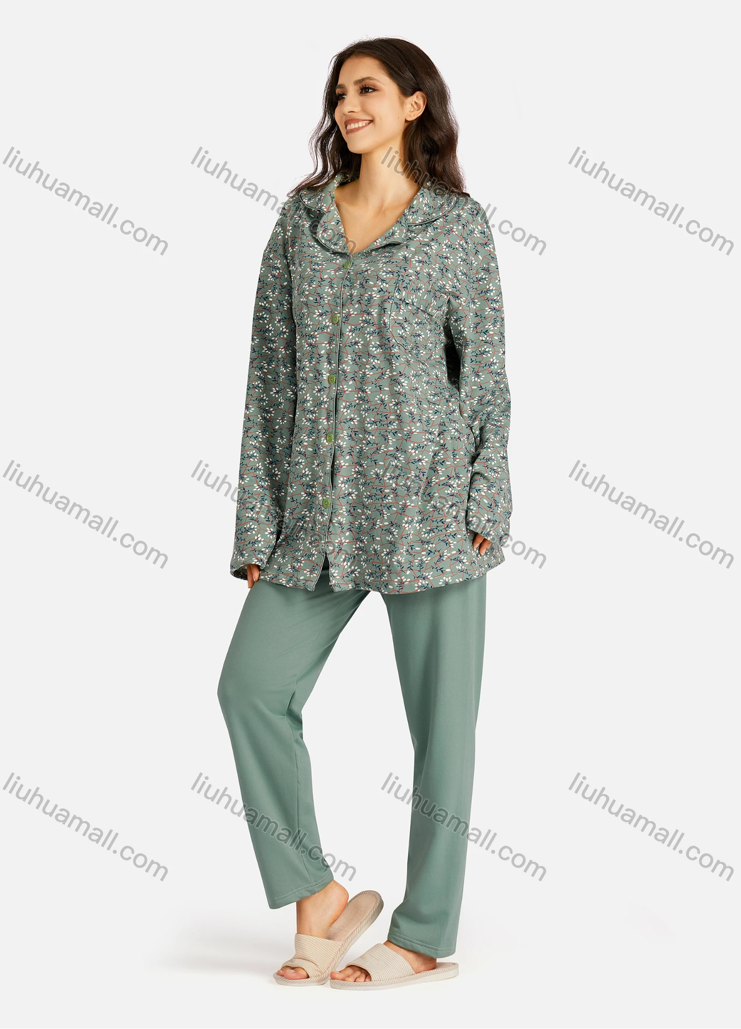 Wholesale Women's Collared Allover Floral Print Long Sleeve Lounge Pajama 2 Piece Set - Liuhuamall