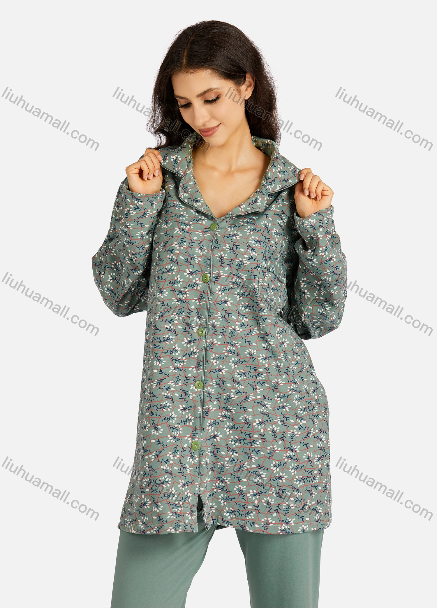 Wholesale Women's Collared Allover Floral Print Long Sleeve Lounge Pajama 2 Piece Set - Liuhuamall