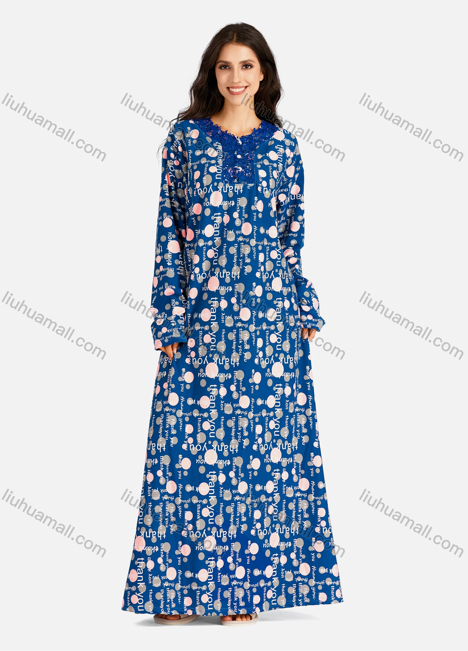 Wholesale Women's Embroidered Round Neck Allover Front Print Long Sleeve Lounge Nightshirt - Liuhuamall