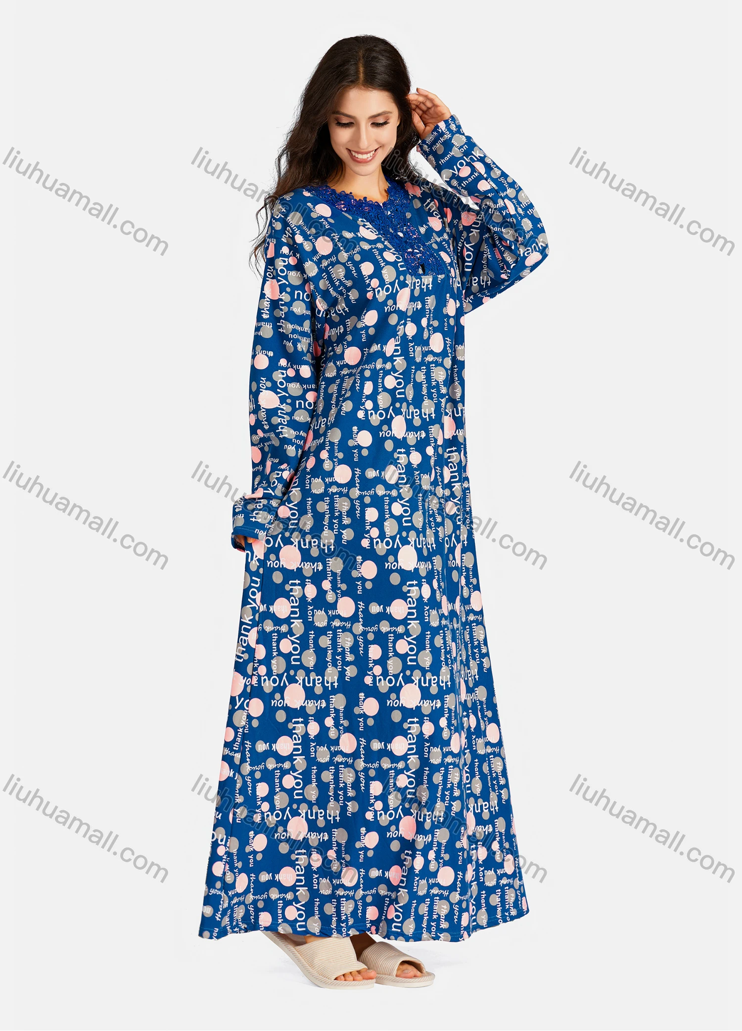 Wholesale Women's Embroidered Round Neck Allover Front Print Long Sleeve Lounge Nightshirt - Liuhuamall