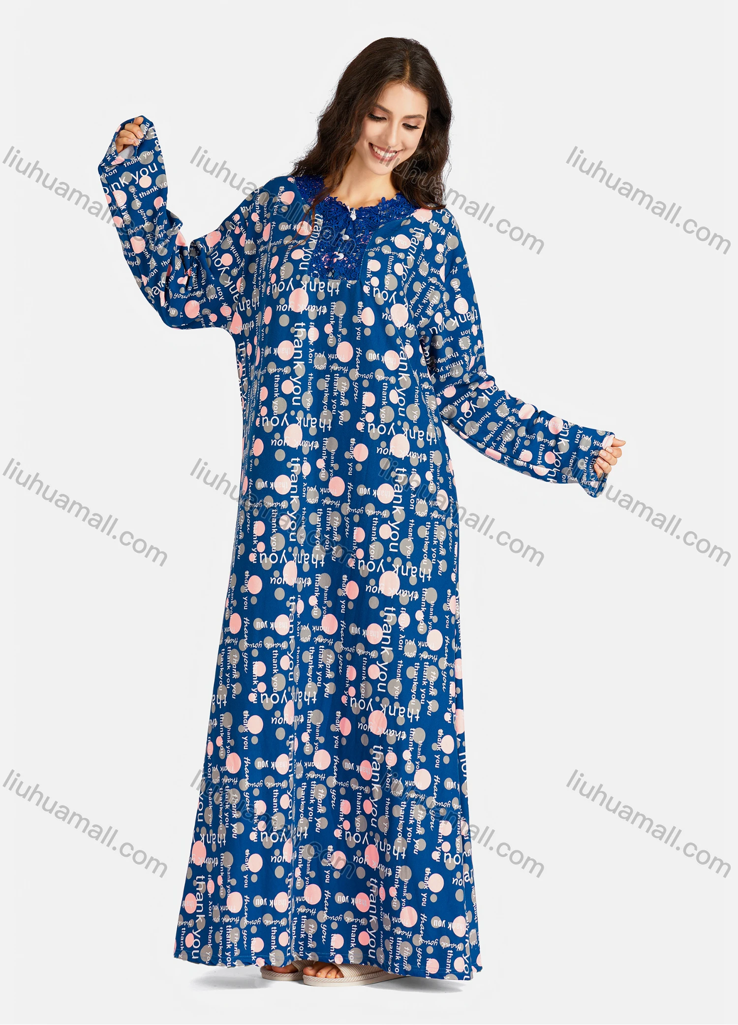 Wholesale Women's Embroidered Round Neck Allover Front Print Long Sleeve Lounge Nightshirt - Liuhuamall