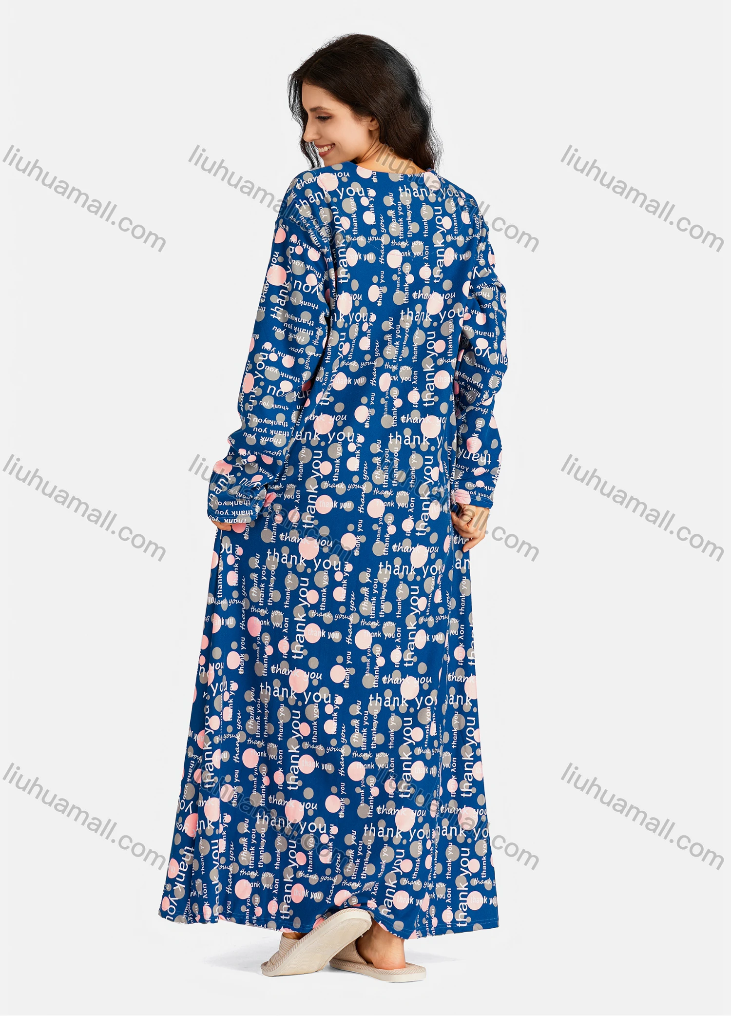 Wholesale Women's Embroidered Round Neck Allover Front Print Long Sleeve Lounge Nightshirt - Liuhuamall