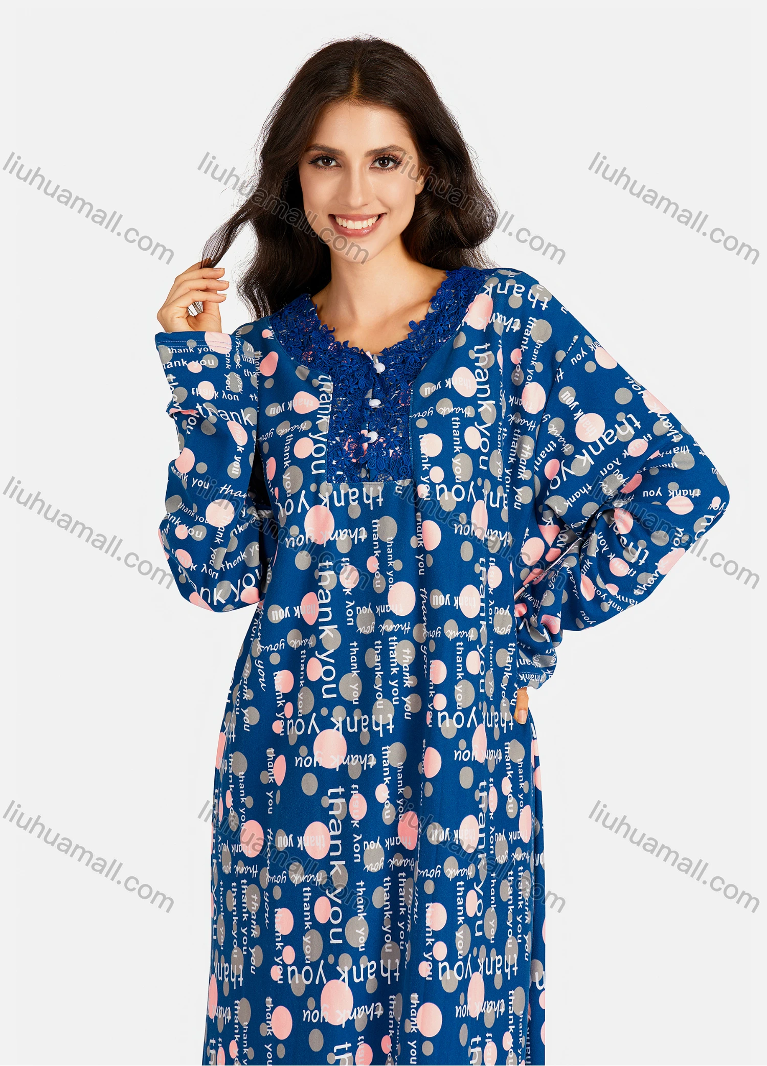 Wholesale Women's Embroidered Round Neck Allover Front Print Long Sleeve Lounge Nightshirt - Liuhuamall