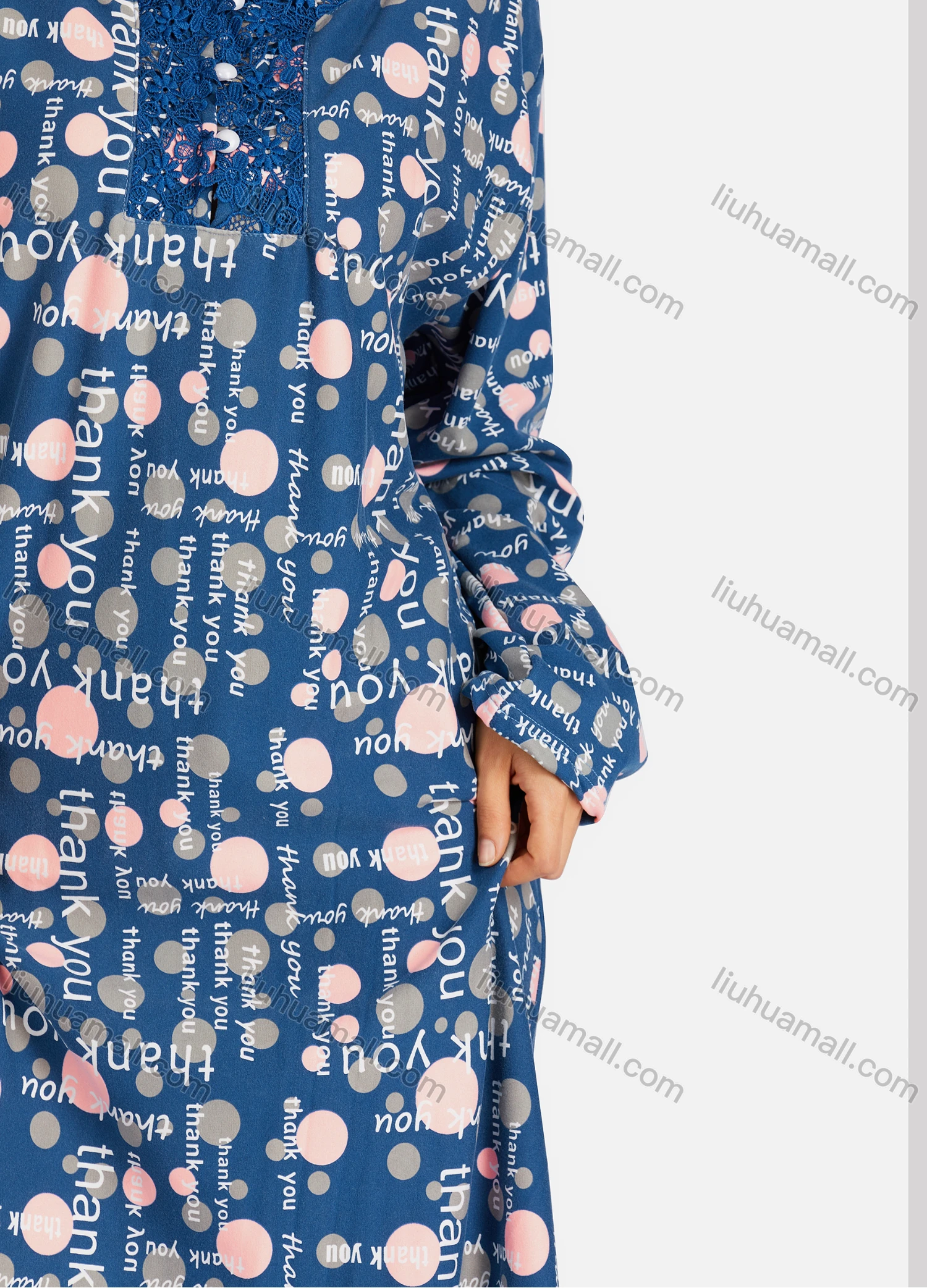 Wholesale Women's Embroidered Round Neck Allover Front Print Long Sleeve Lounge Nightshirt - Liuhuamall