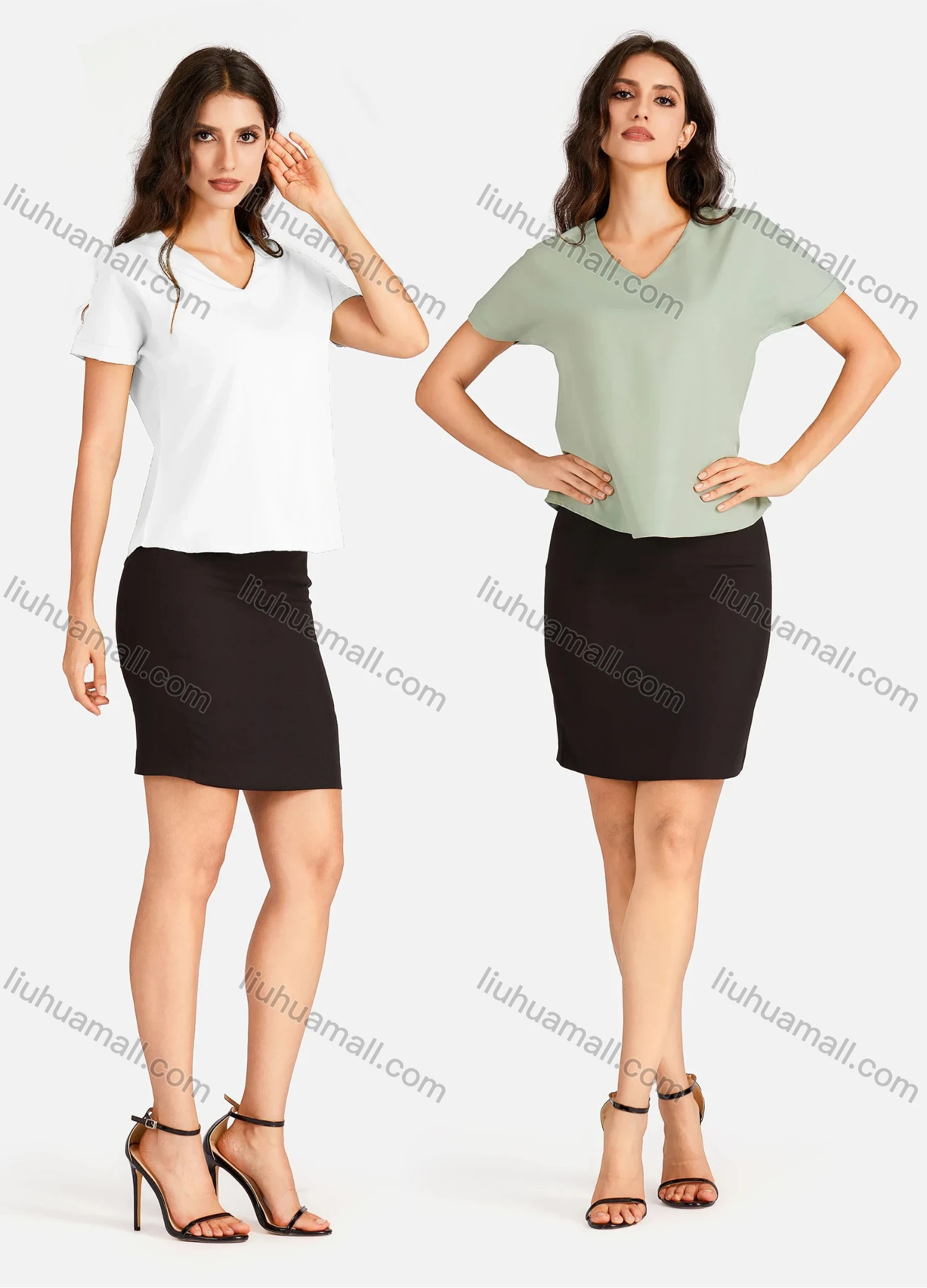 Wholesale Women's Casual Plain V Neck Short Sleeve Tee - Liuhuamall