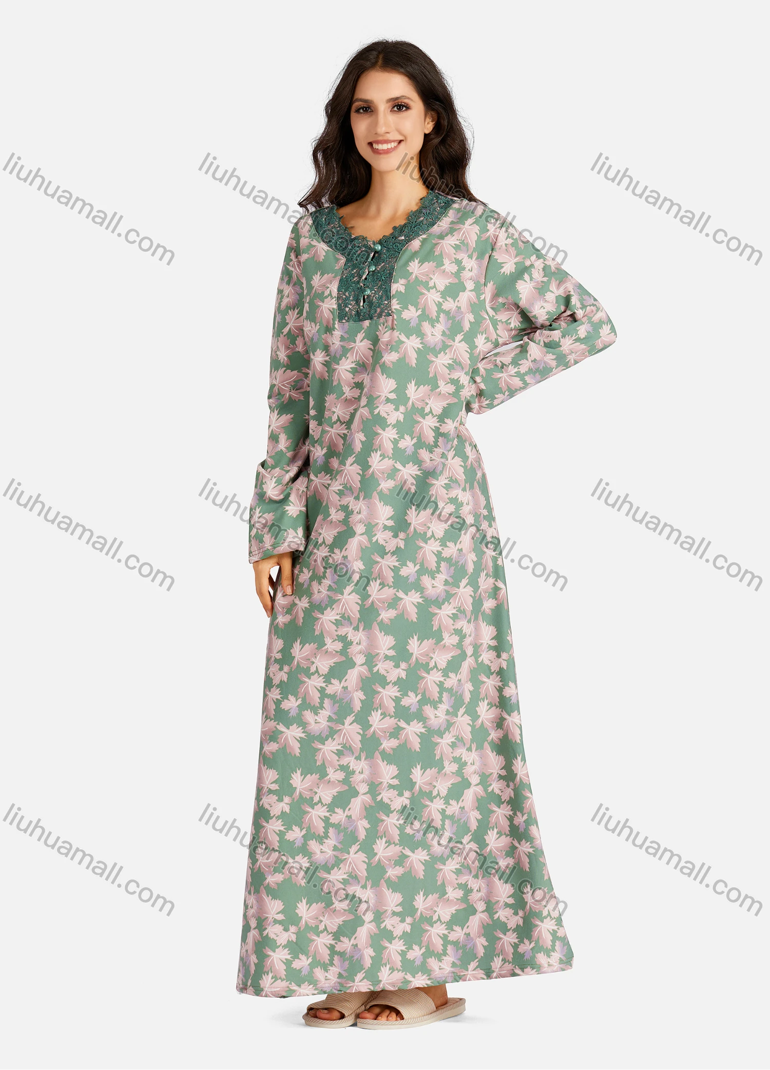 Wholesale Women's Henley Collar Allover Leaf Print Long Sleeve Lounge Maxi Nightshirt - Liuhuamall