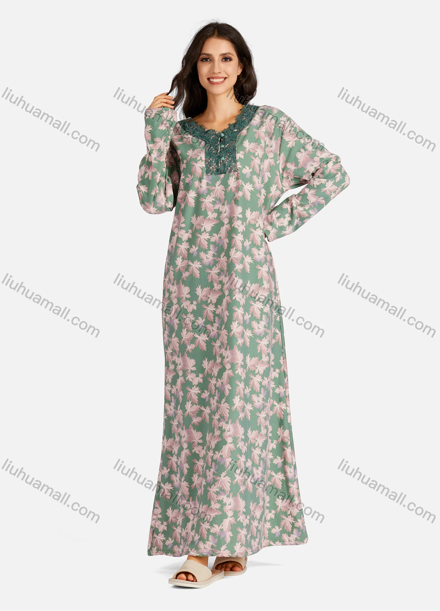 Wholesale Women's Henley Collar Allover Leaf Print Long Sleeve Lounge Maxi Nightshirt - Liuhuamall