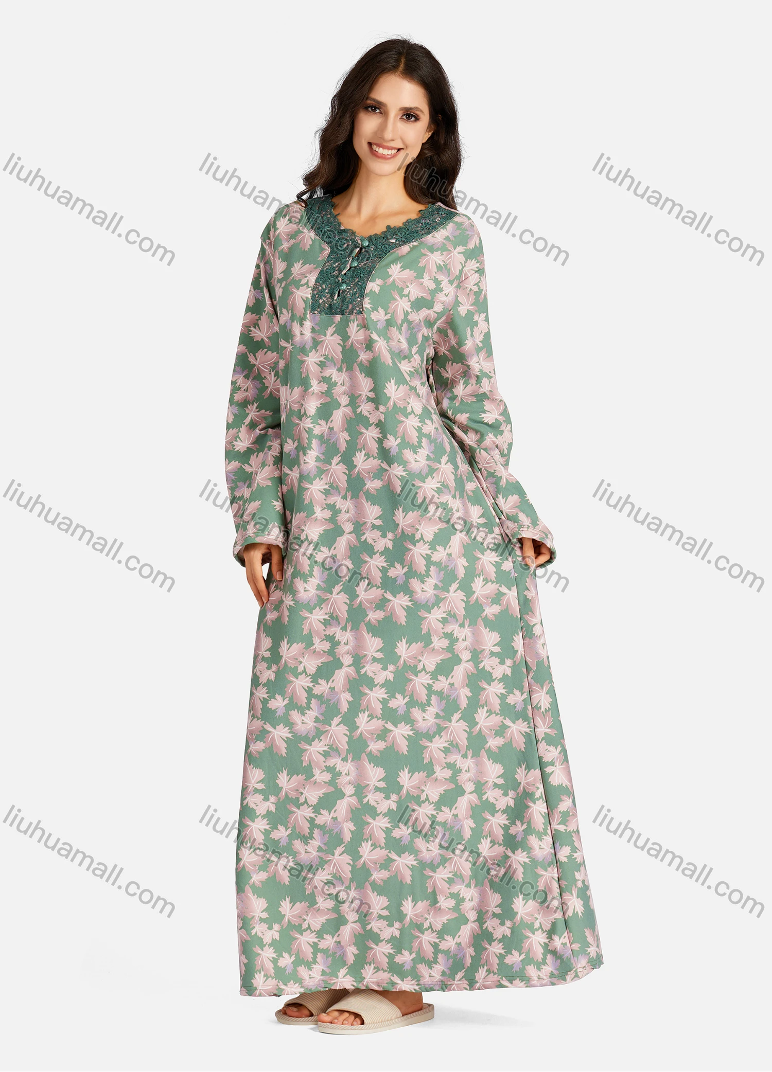 Wholesale Women's Henley Collar Allover Leaf Print Long Sleeve Lounge Maxi Nightshirt - Liuhuamall
