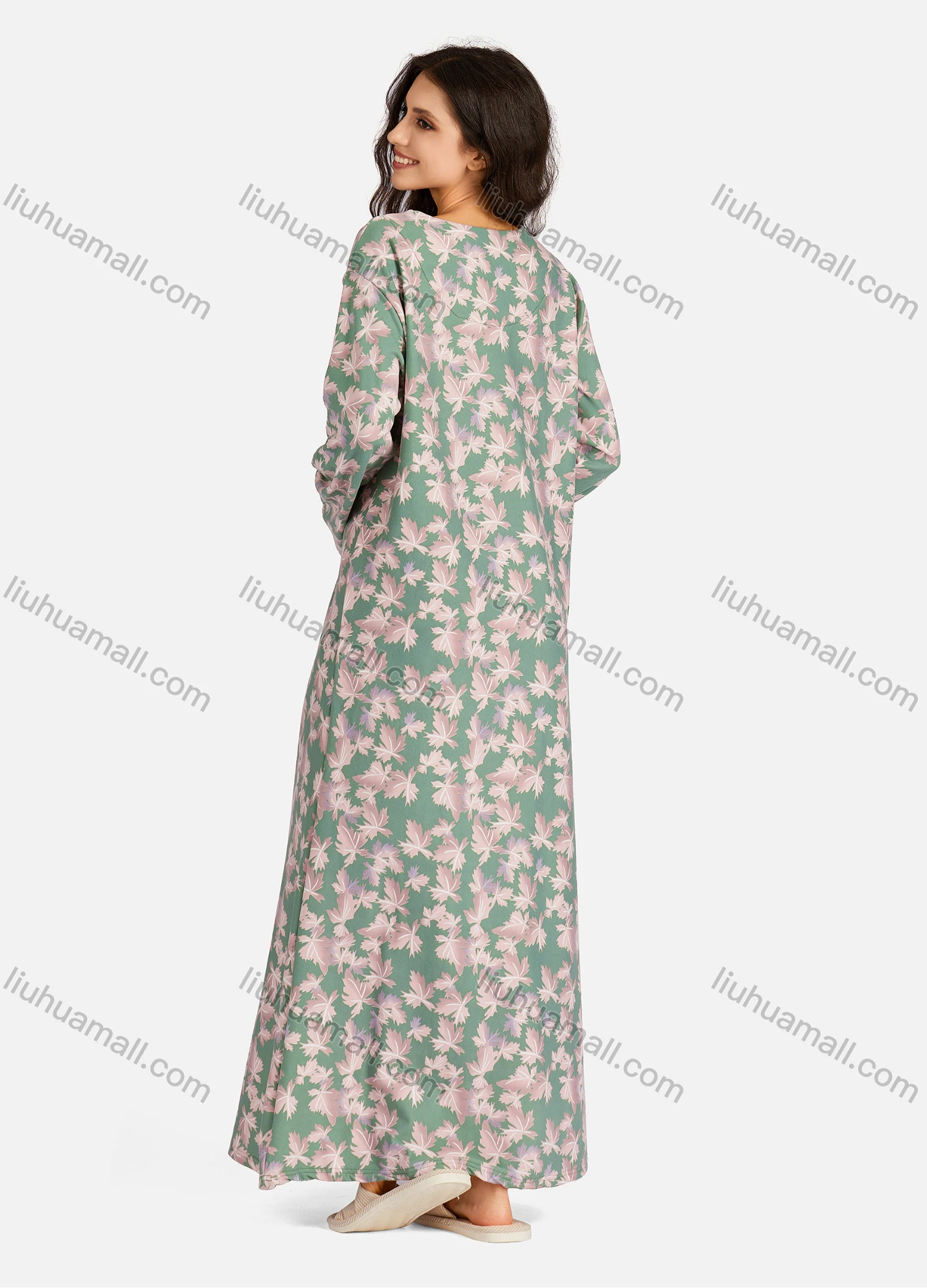 Wholesale Women's Henley Collar Allover Leaf Print Long Sleeve Lounge Maxi Nightshirt - Liuhuamall