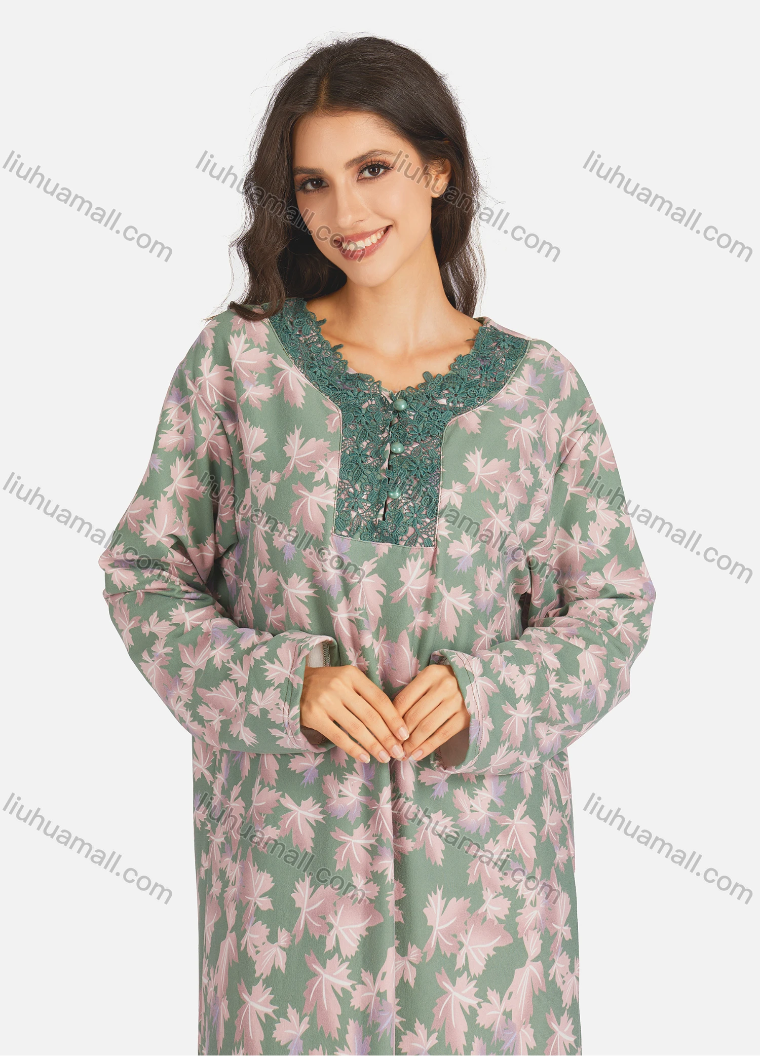 Wholesale Women's Henley Collar Allover Leaf Print Long Sleeve Lounge Maxi Nightshirt - Liuhuamall