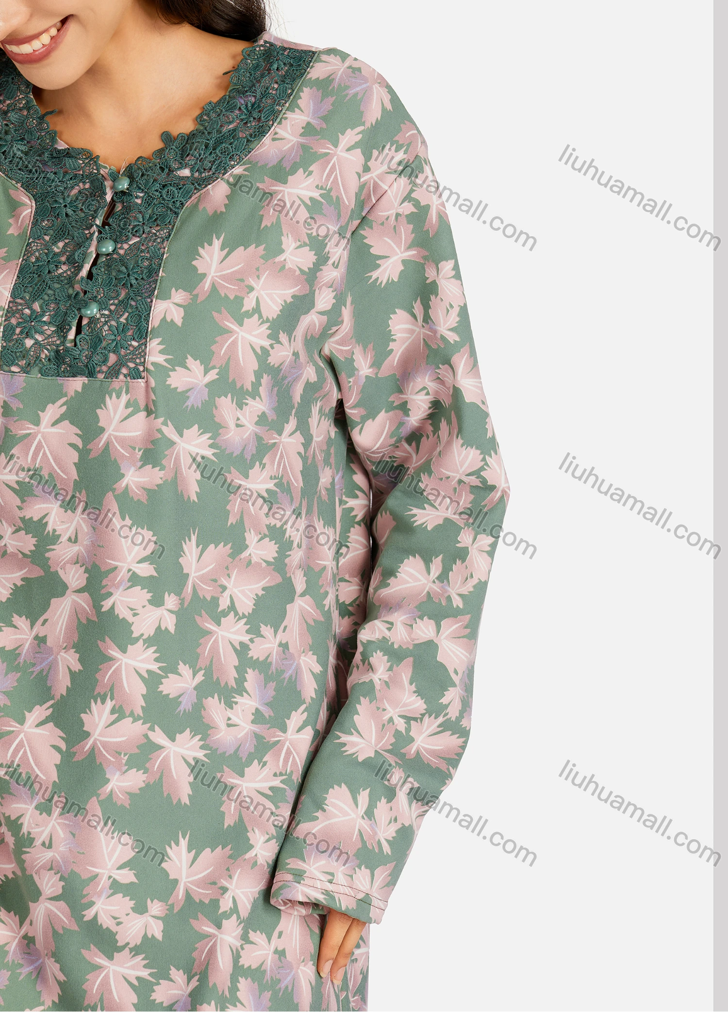 Wholesale Women's Henley Collar Allover Leaf Print Long Sleeve Lounge Maxi Nightshirt - Liuhuamall