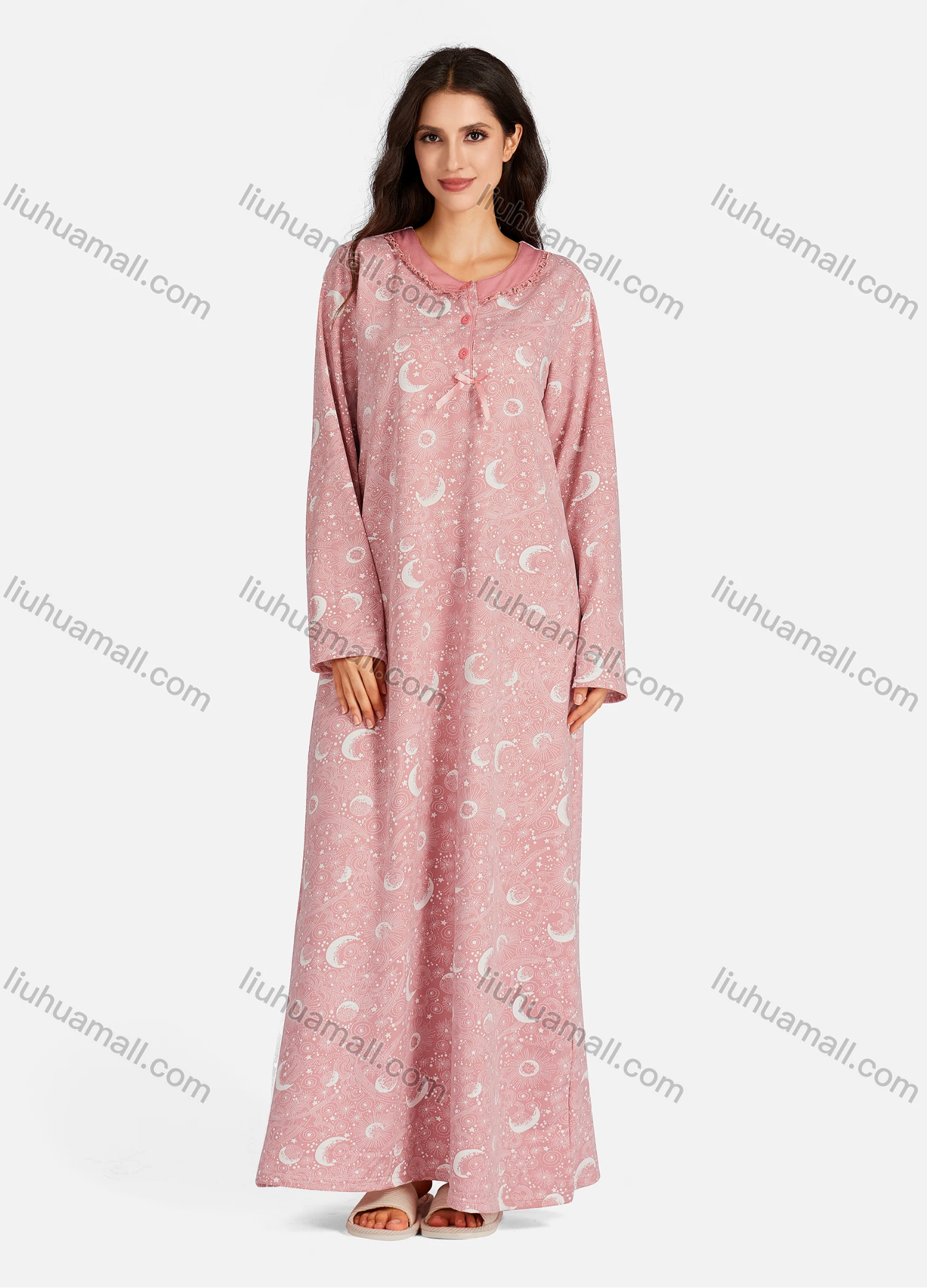 Wholesale Women's Henley Collar Allover Print Bowknot Long Sleeve Lounge Maxi Nightshirt - Liuhuamall