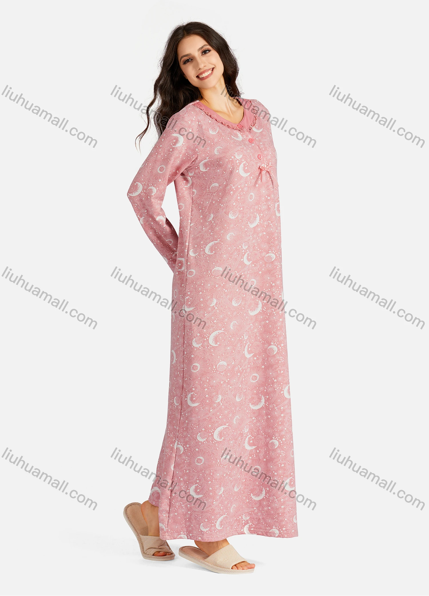 Wholesale Women's Henley Collar Allover Print Bowknot Long Sleeve Lounge Maxi Nightshirt - Liuhuamall