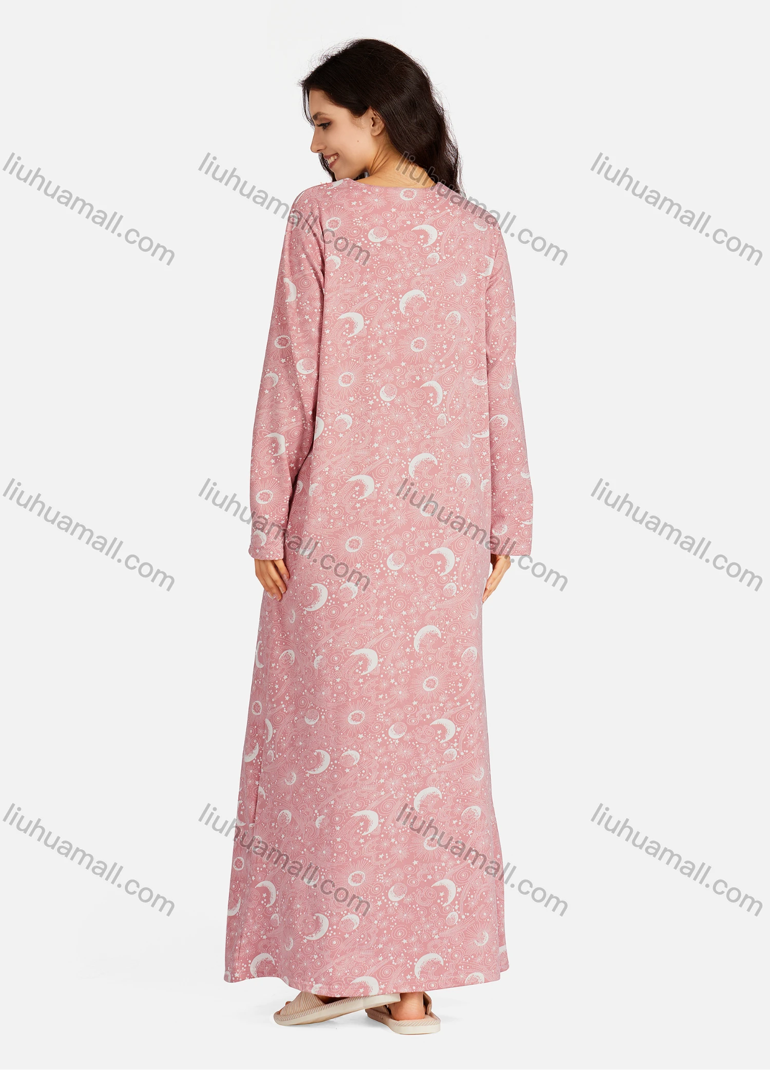 Wholesale Women's Henley Collar Allover Print Bowknot Long Sleeve Lounge Maxi Nightshirt - Liuhuamall