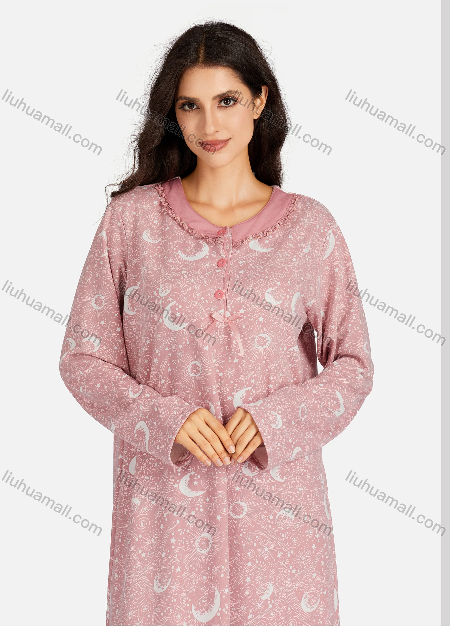 Wholesale Women's Henley Collar Allover Print Bowknot Long Sleeve Lounge Maxi Nightshirt - Liuhuamall