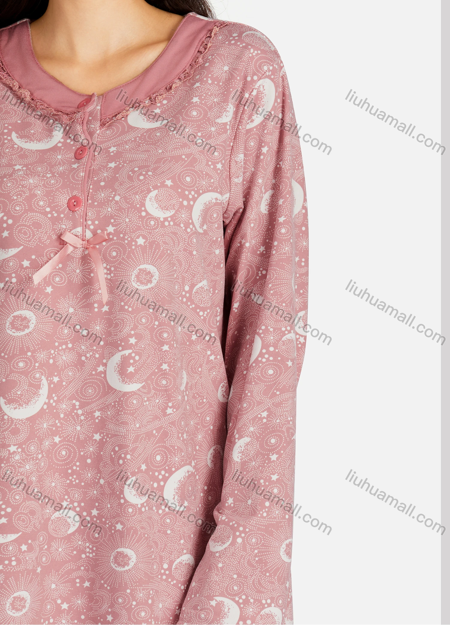 Wholesale Women's Henley Collar Allover Print Bowknot Long Sleeve Lounge Maxi Nightshirt - Liuhuamall