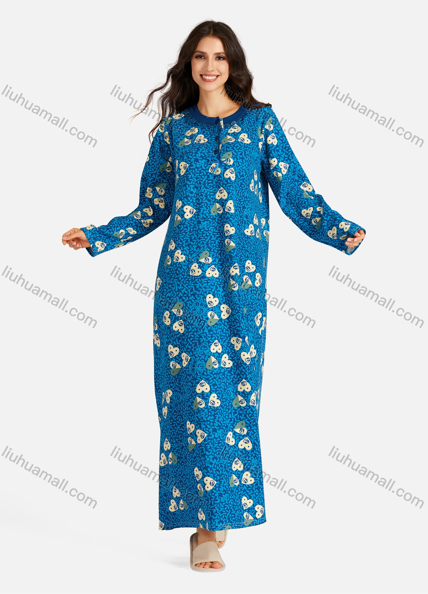 Wholesale Women's Henley Collar Allover Heart-Shaped Print Long Sleeve Lounge Maxi Nightshirt - Liuhuamall