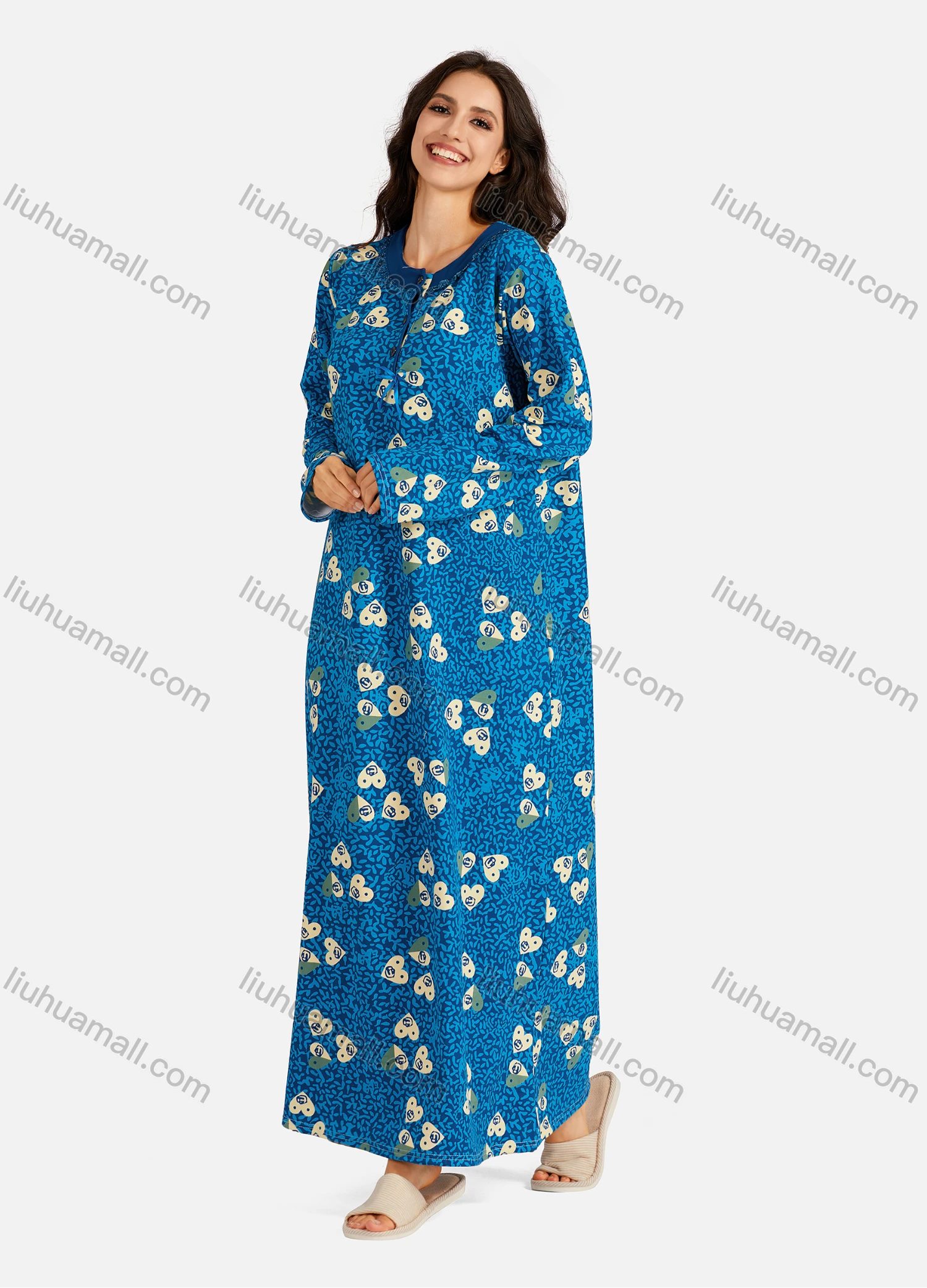 Wholesale Women's Henley Collar Allover Heart-Shaped Print Long Sleeve Lounge Maxi Nightshirt - Liuhuamall