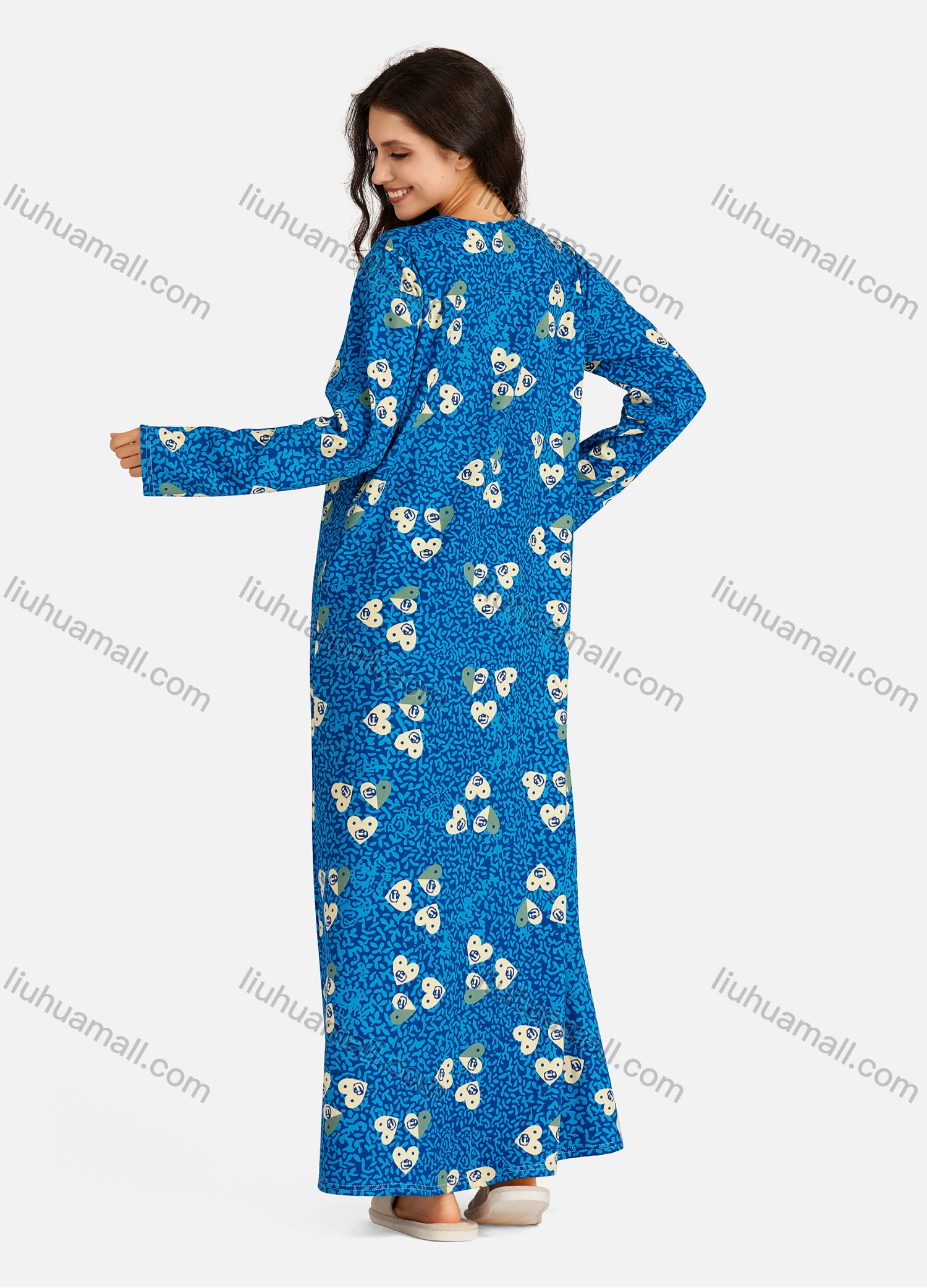 Wholesale Women's Henley Collar Allover Heart-Shaped Print Long Sleeve Lounge Maxi Nightshirt - Liuhuamall