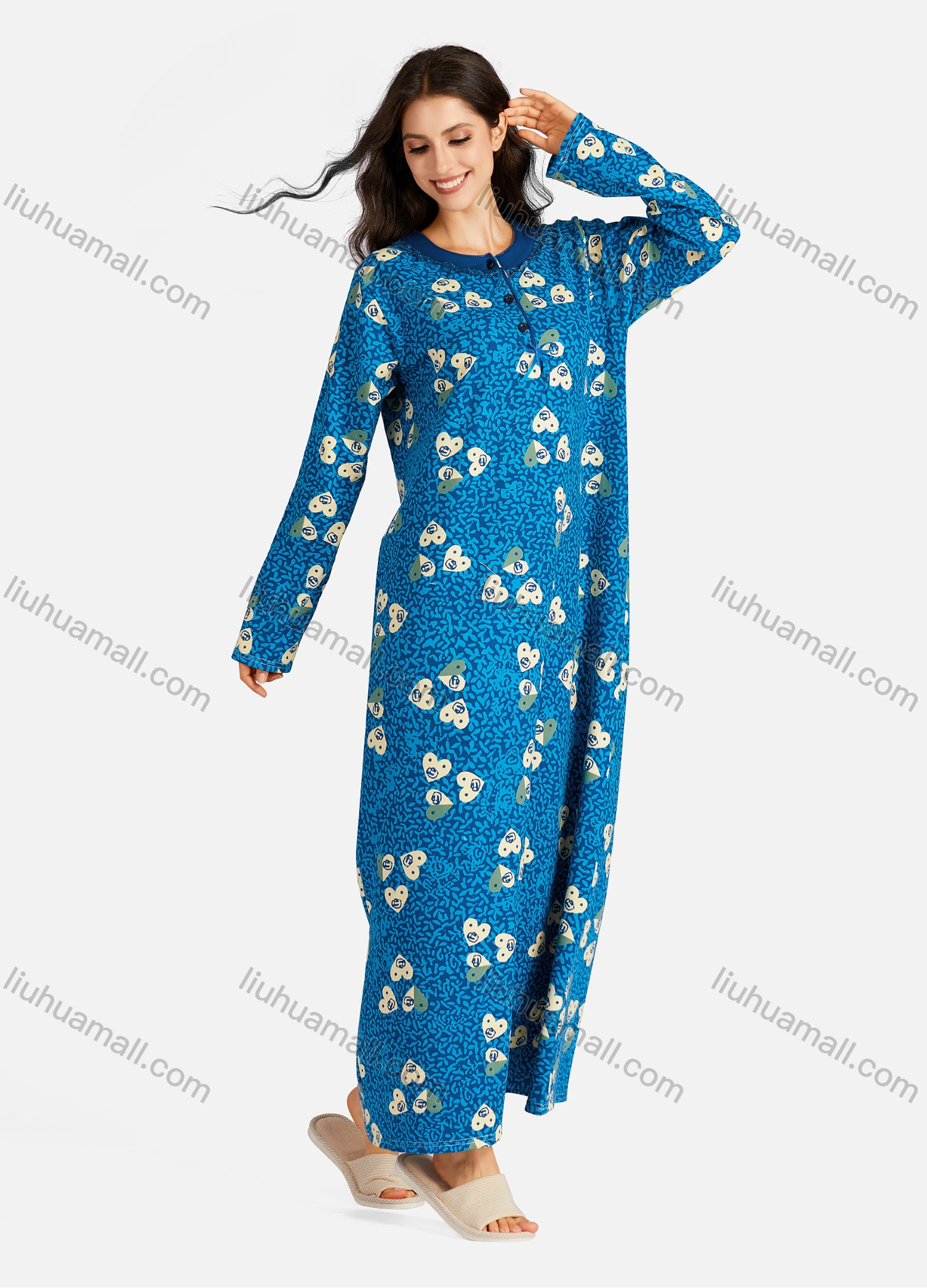 Wholesale Women's Henley Collar Allover Heart-Shaped Print Long Sleeve Lounge Maxi Nightshirt - Liuhuamall