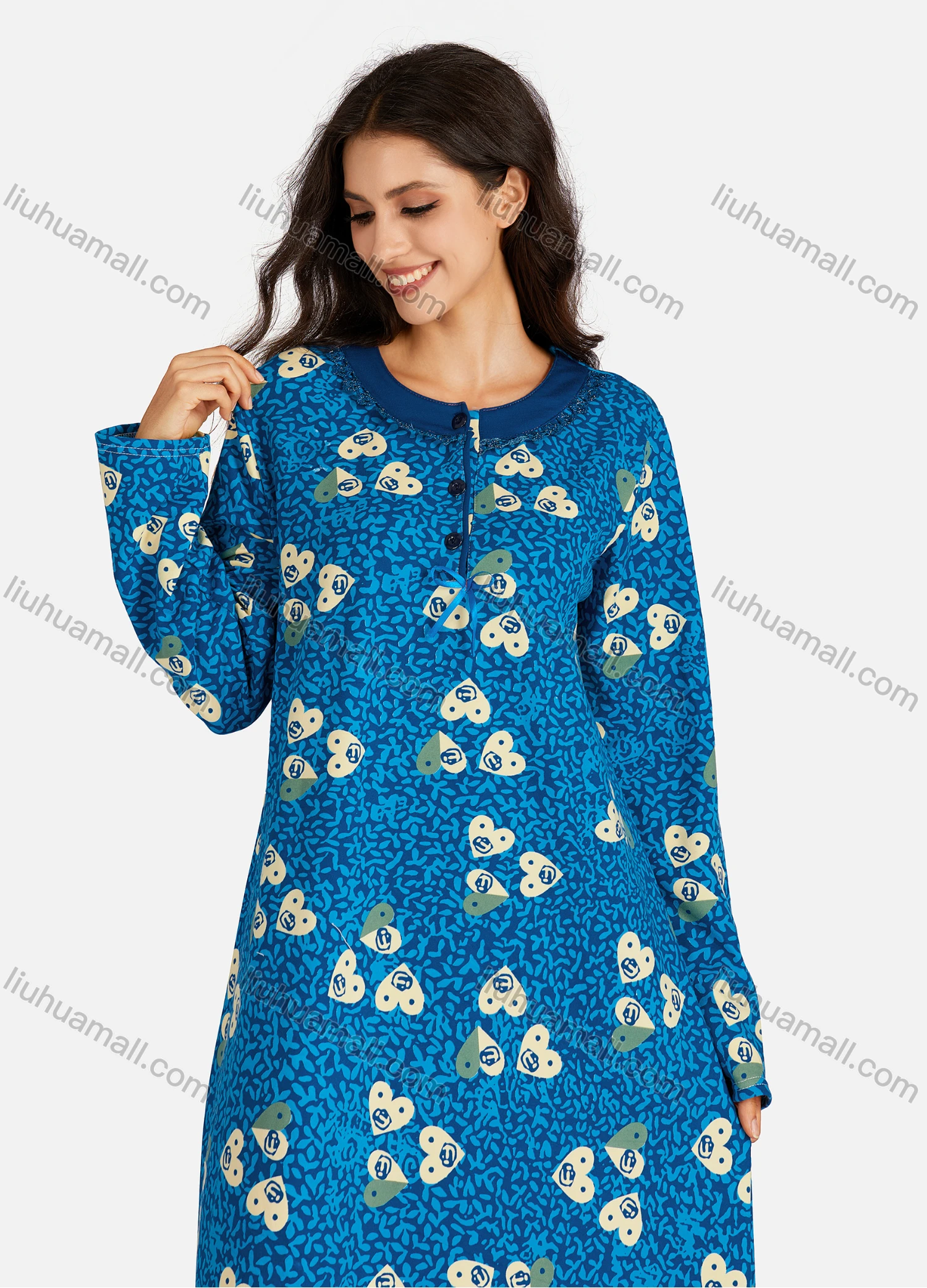 Wholesale Women's Henley Collar Allover Heart-Shaped Print Long Sleeve Lounge Maxi Nightshirt - Liuhuamall