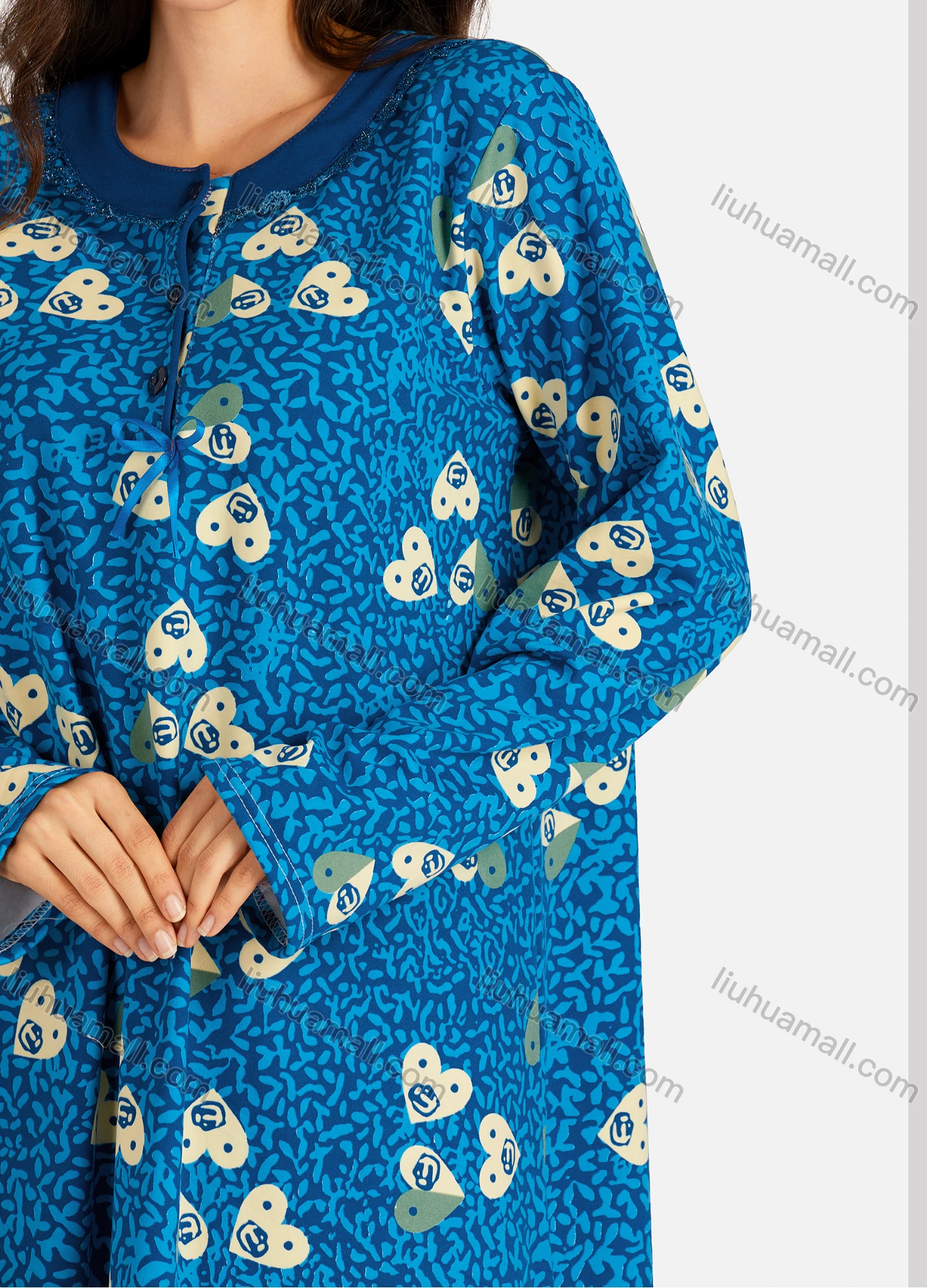 Wholesale Women's Henley Collar Allover Heart-Shaped Print Long Sleeve Lounge Maxi Nightshirt - Liuhuamall