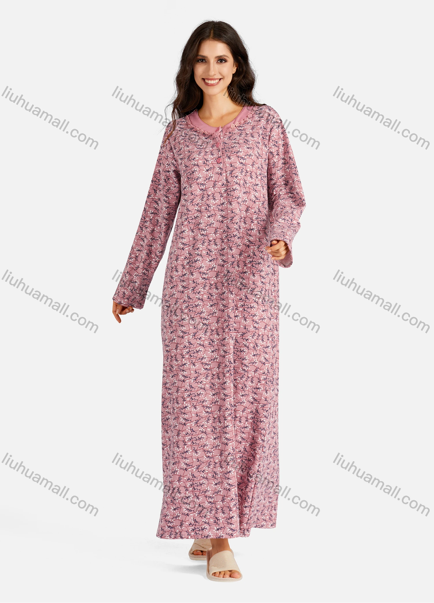 Wholesale Women's Henley Collar Floral Print Long Sleeve Lounge Maxi Nightshirt - Liuhuamall