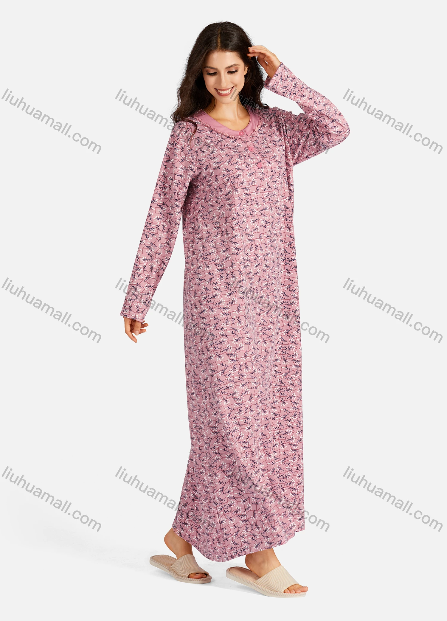 Wholesale Women's Henley Collar Floral Print Long Sleeve Lounge Maxi Nightshirt - Liuhuamall
