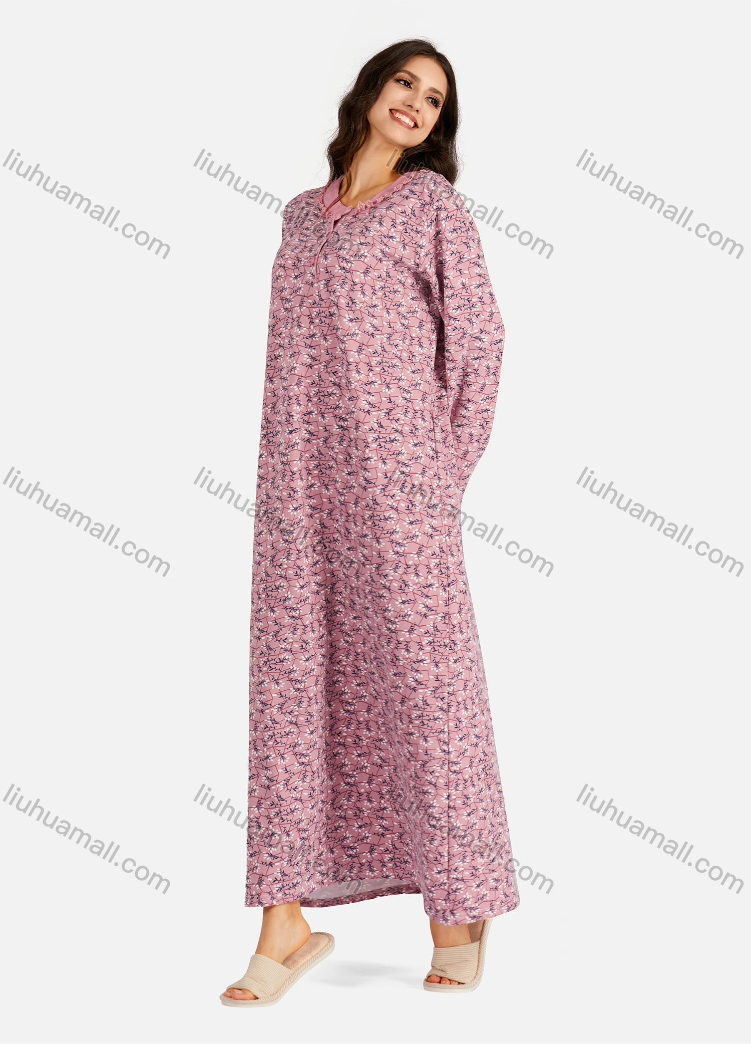 Wholesale Women's Henley Collar Floral Print Long Sleeve Lounge Maxi Nightshirt - Liuhuamall