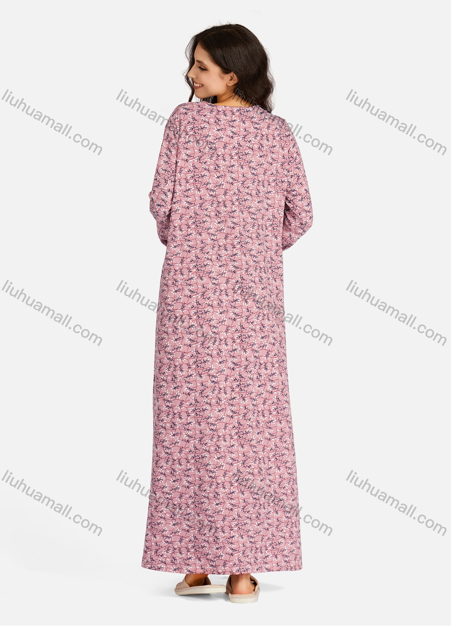 Wholesale Women's Henley Collar Floral Print Long Sleeve Lounge Maxi Nightshirt - Liuhuamall