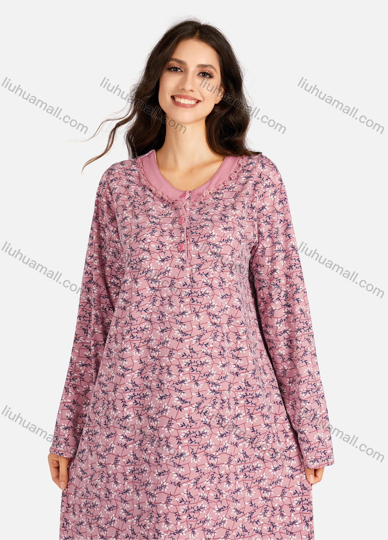 Wholesale Women's Henley Collar Floral Print Long Sleeve Lounge Maxi Nightshirt - Liuhuamall