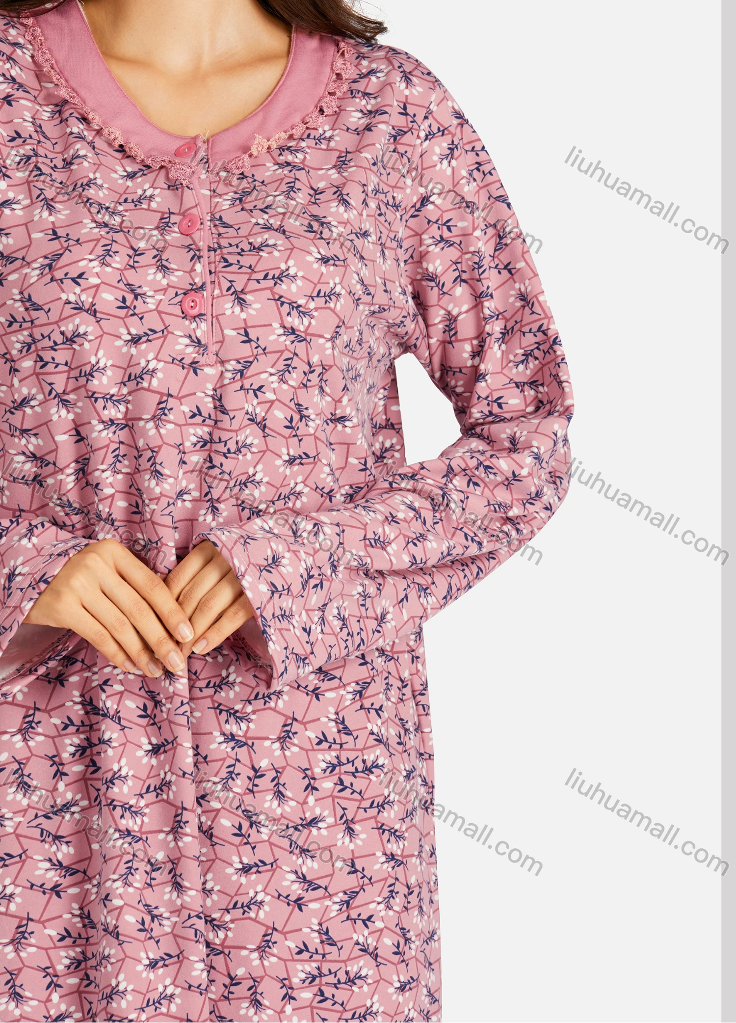 Wholesale Women's Henley Collar Floral Print Long Sleeve Lounge Maxi Nightshirt - Liuhuamall