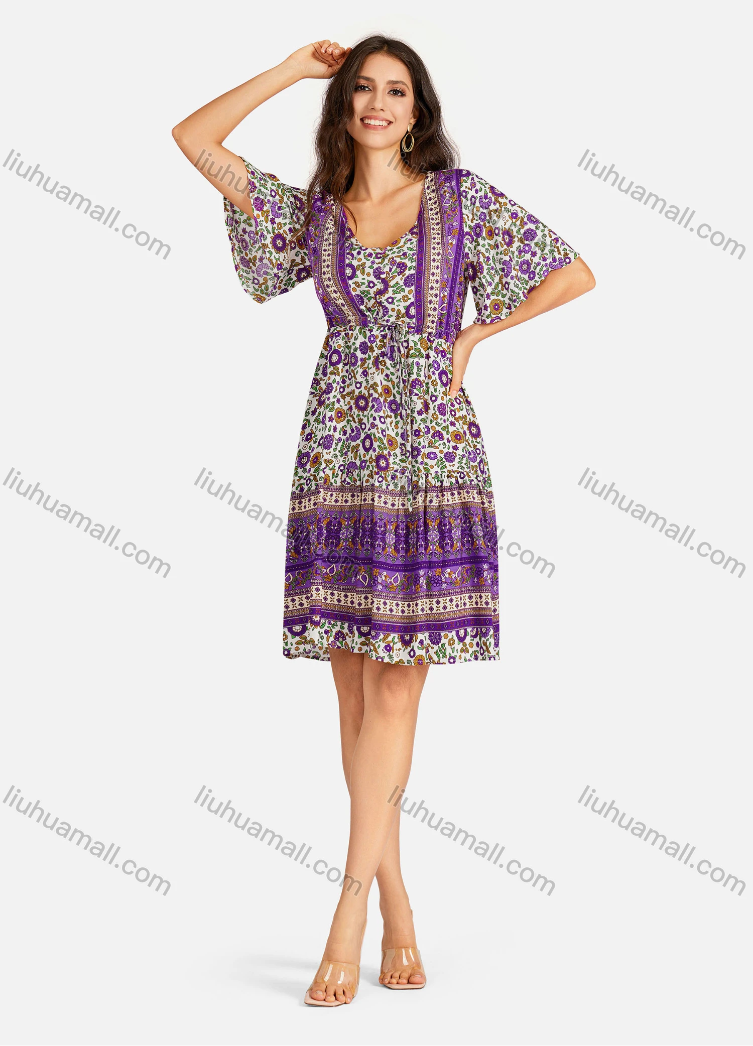 Wholesale Women's Casual Folkloric Vintage Floral Print Short Sleeve Drawstring Short Dress - Liuhuamall