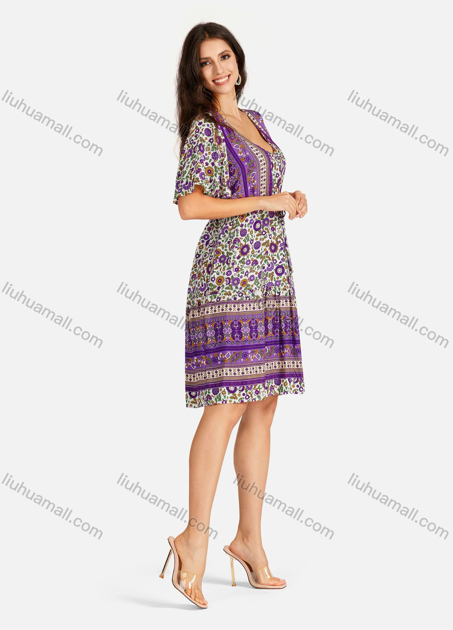 Wholesale Women's Casual Folkloric Vintage Floral Print Short Sleeve Drawstring Short Dress - Liuhuamall