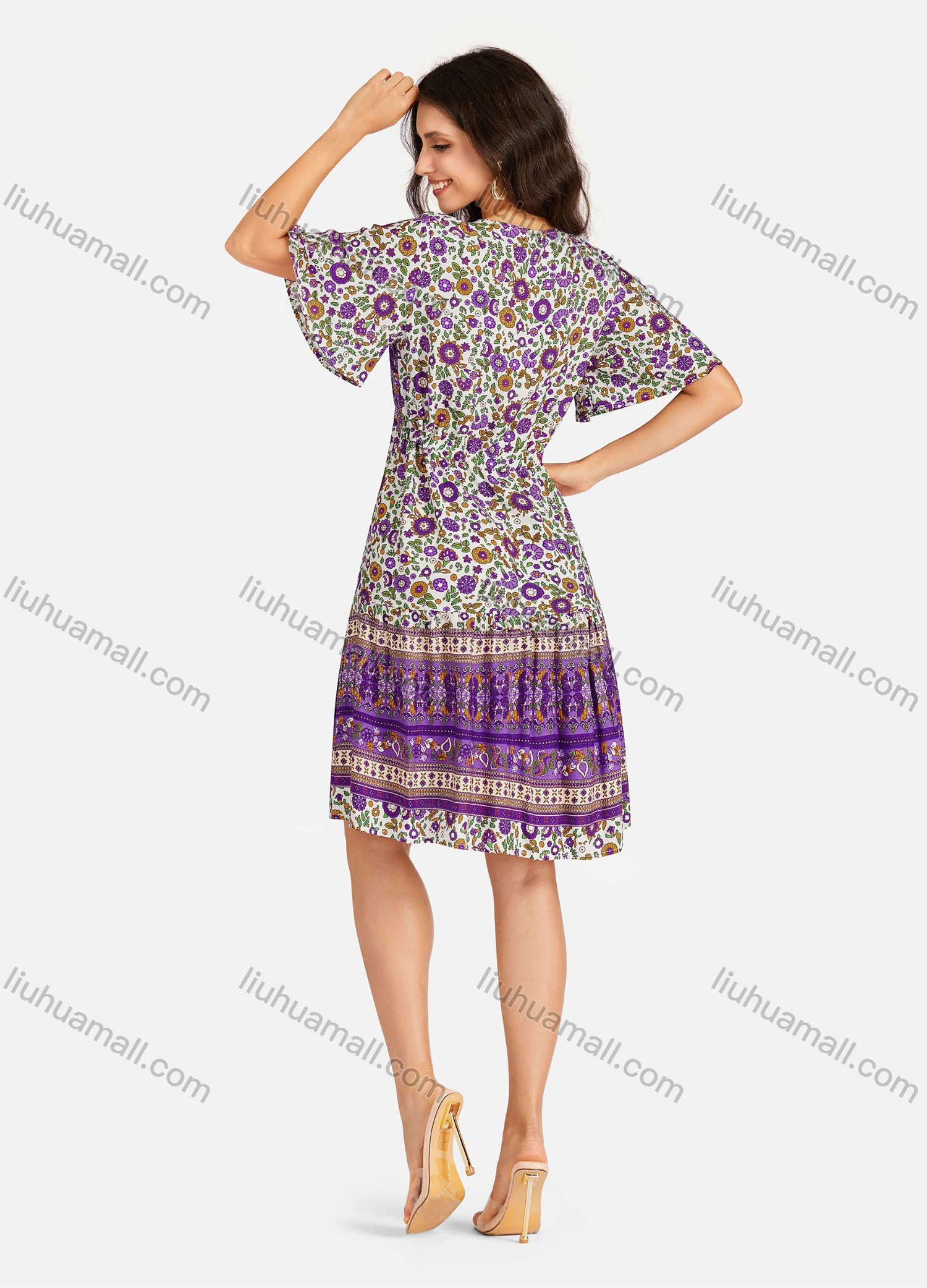 Wholesale Women's Casual Folkloric Vintage Floral Print Short Sleeve Drawstring Short Dress - Liuhuamall