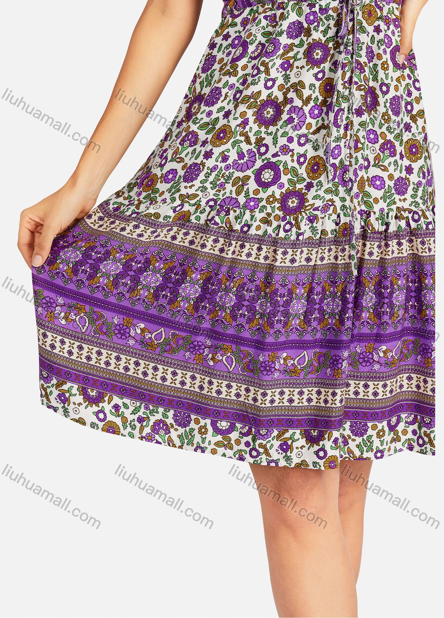 Wholesale Women's Casual Folkloric Vintage Floral Print Short Sleeve Drawstring Short Dress - Liuhuamall