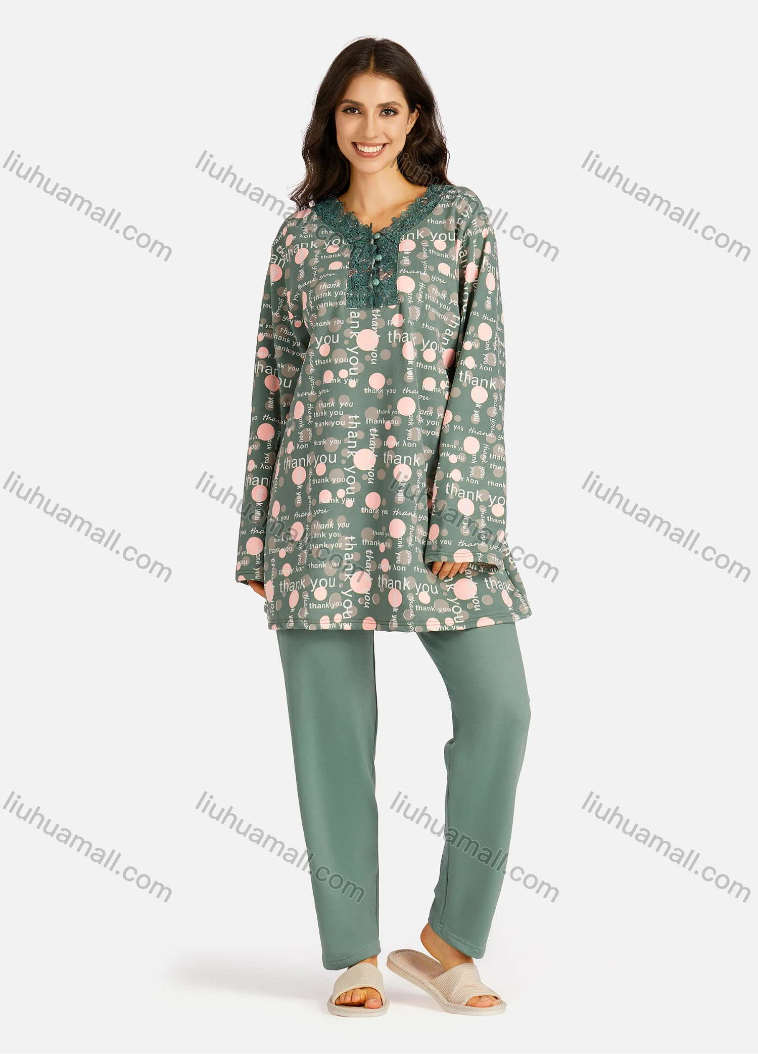 Wholesale Women's Embroidery Collared Allover Font Print Long Sleeve Lounge Pajama 2 Piece Set - Liuhuamall