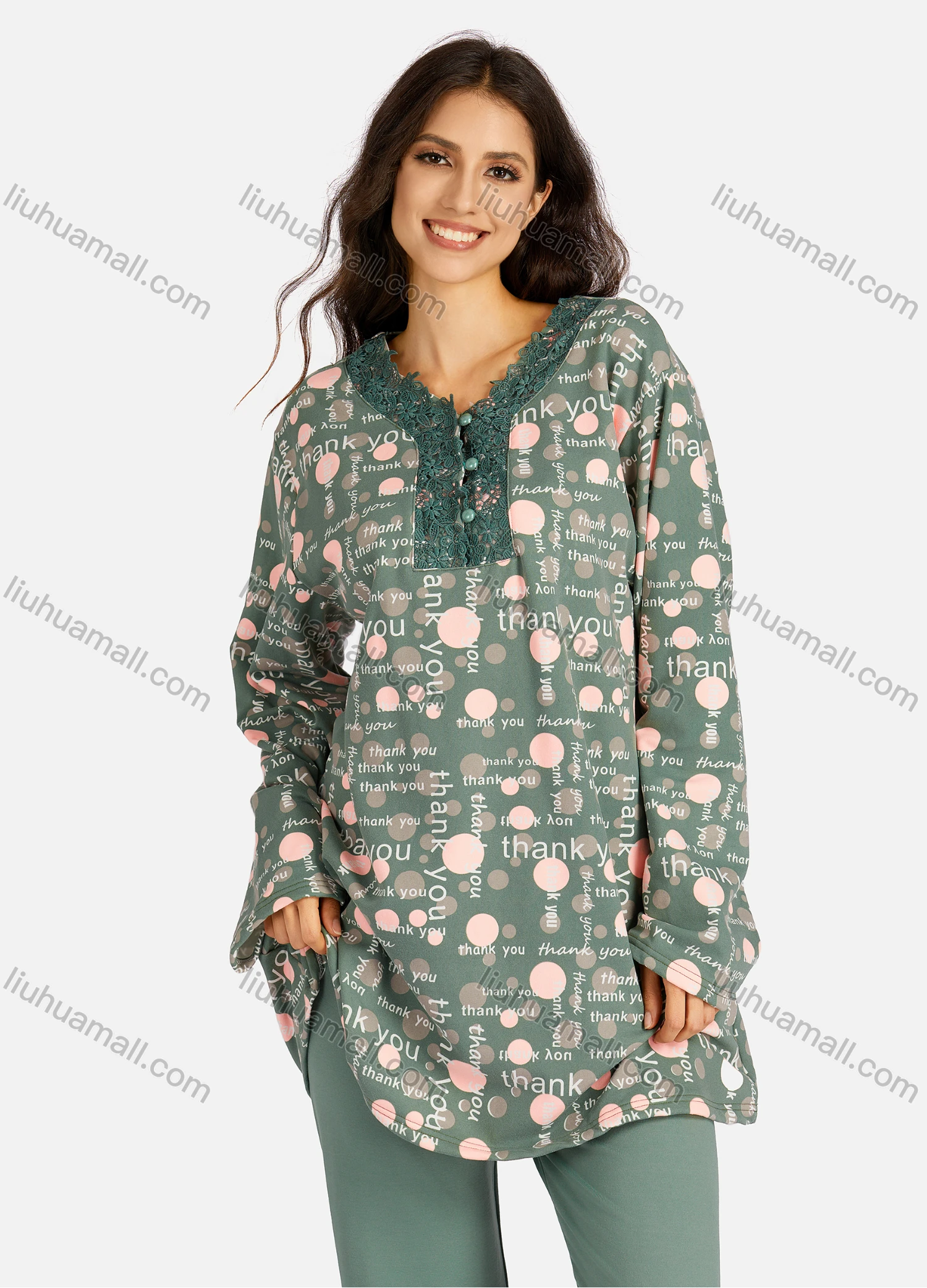 Wholesale Women's Embroidery Collared Allover Font Print Long Sleeve Lounge Pajama 2 Piece Set - Liuhuamall
