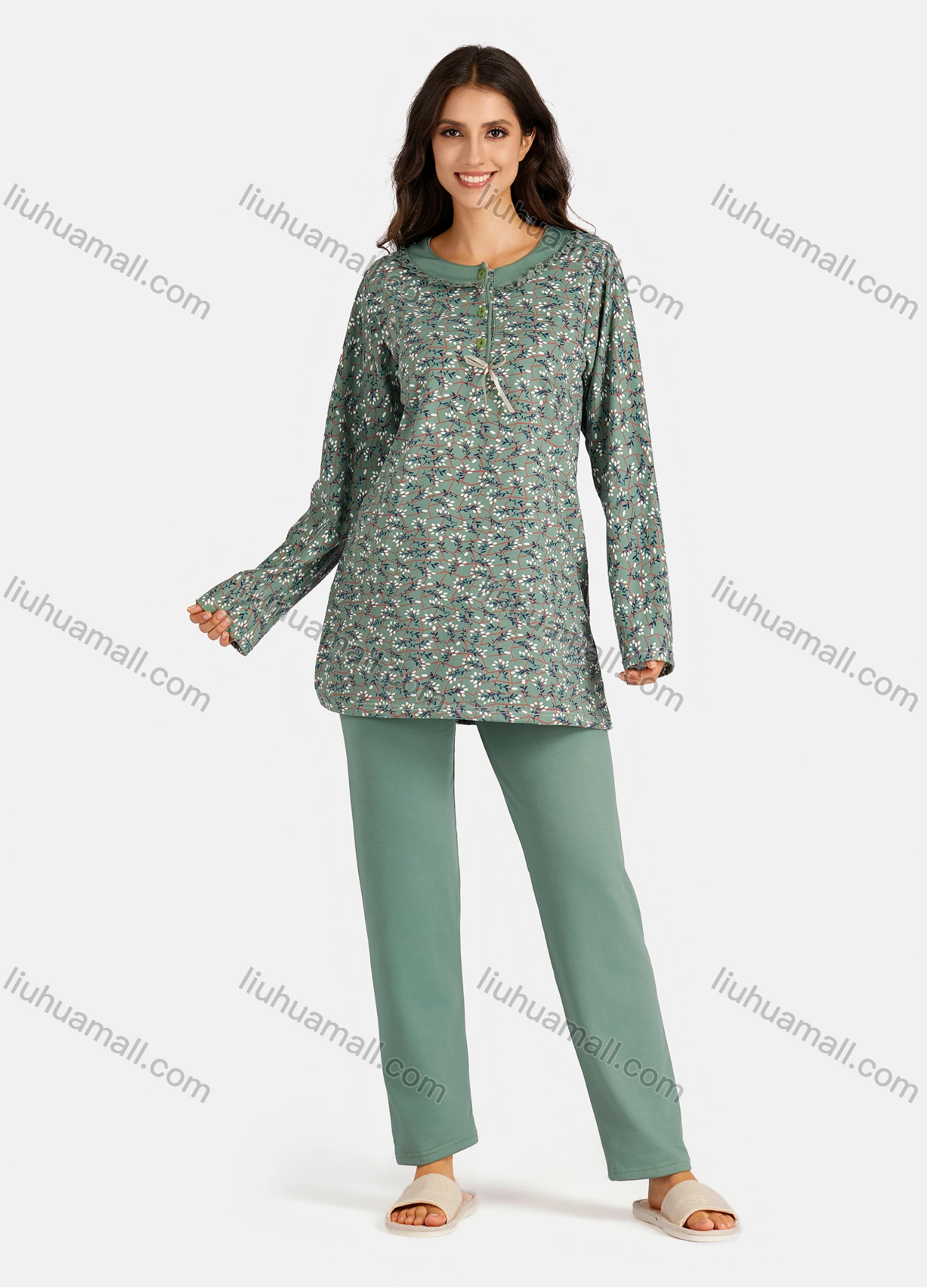 Wholesale Women's Henley Collar Allover Floral Print Bowknot Long Sleeve Lounge Pajama 2 Piece Set - Liuhuamall