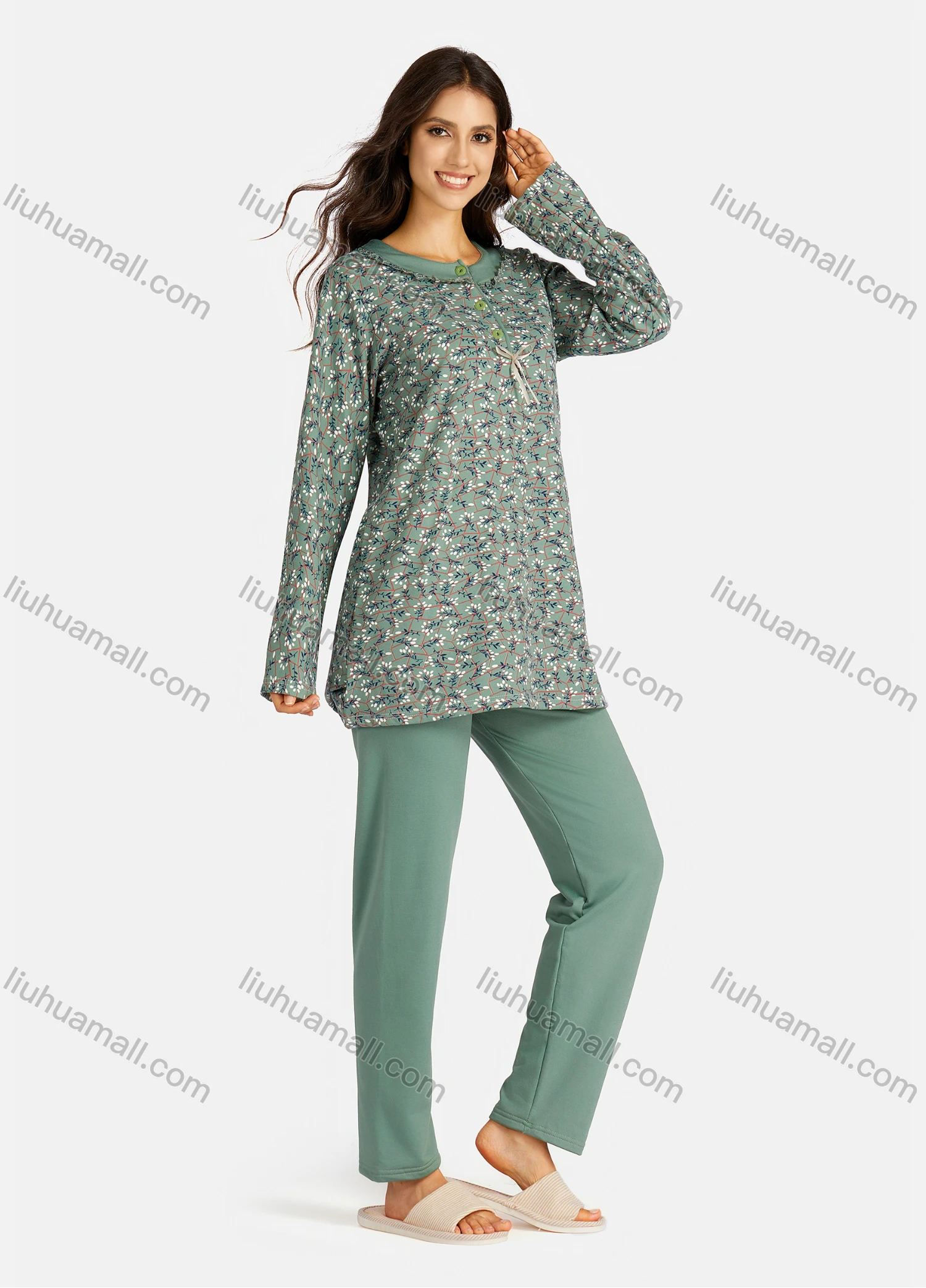 Wholesale Women's Henley Collar Allover Floral Print Bowknot Long Sleeve Lounge Pajama 2 Piece Set - Liuhuamall