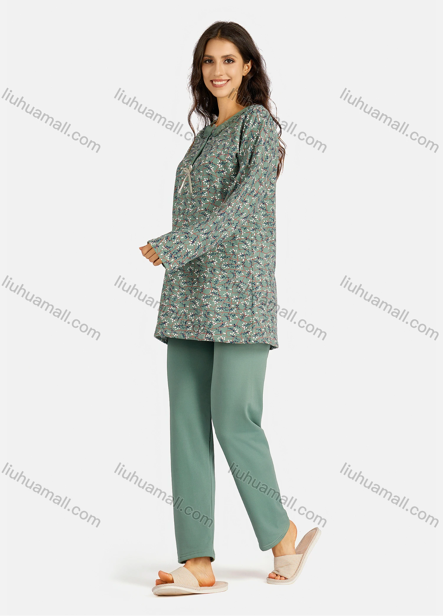 Wholesale Women's Henley Collar Allover Floral Print Bowknot Long Sleeve Lounge Pajama 2 Piece Set - Liuhuamall