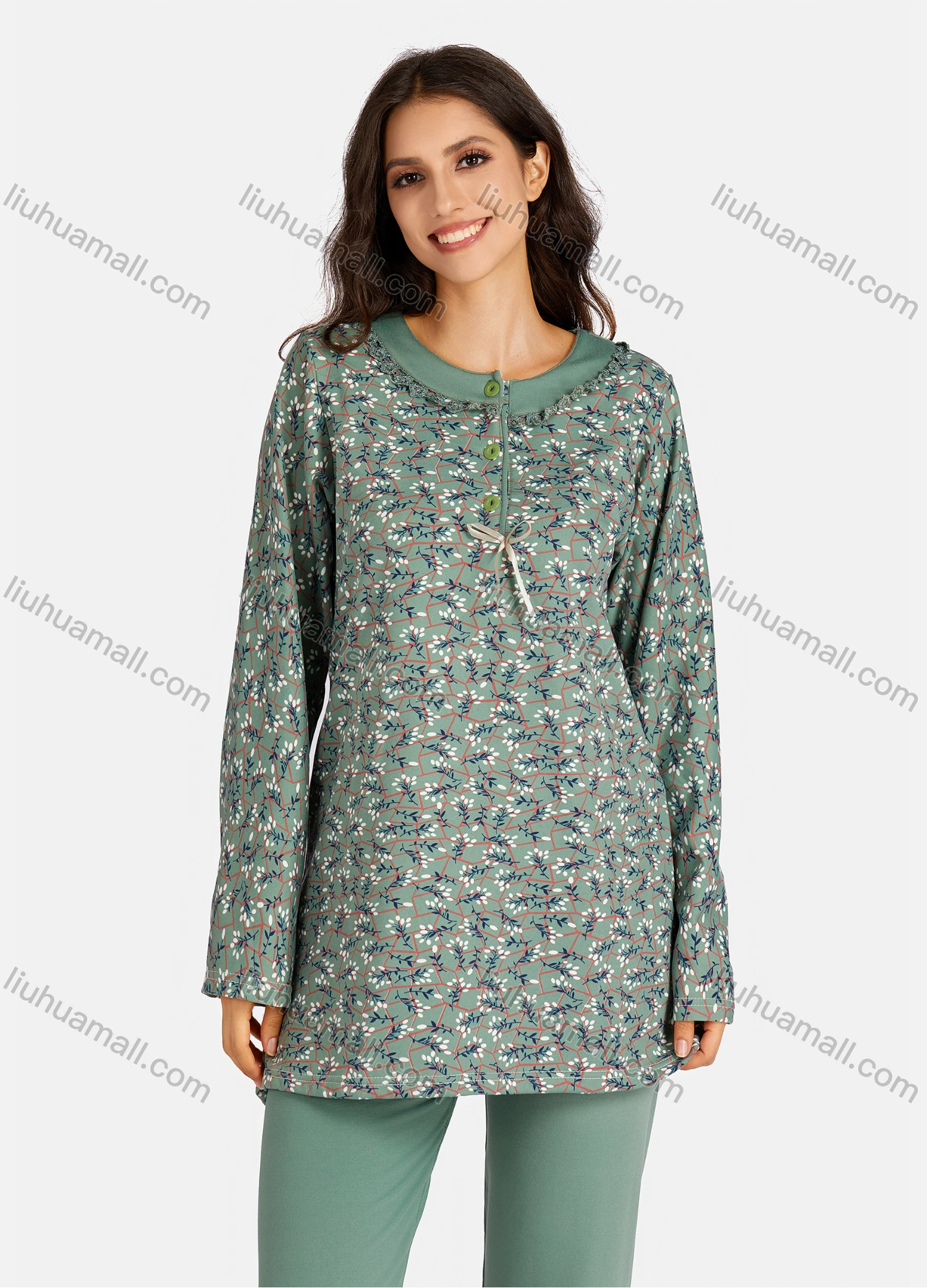 Wholesale Women's Henley Collar Allover Floral Print Bowknot Long Sleeve Lounge Pajama 2 Piece Set - Liuhuamall