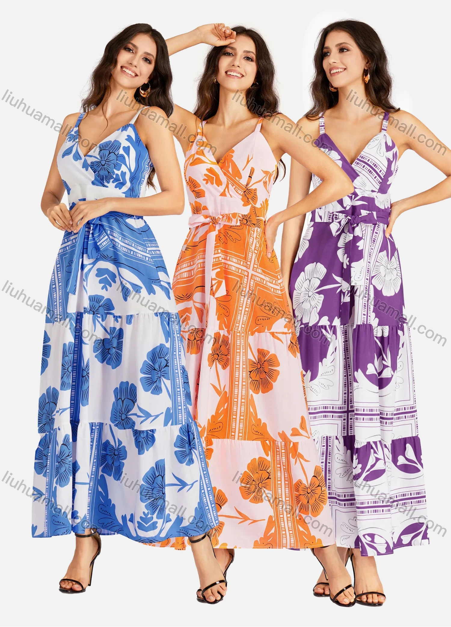 Wholesale Women's Casual Elegant Wrap V Neck Shirred Ruffle Hem Maxi Cami Dress With Belt - Liuhuamall