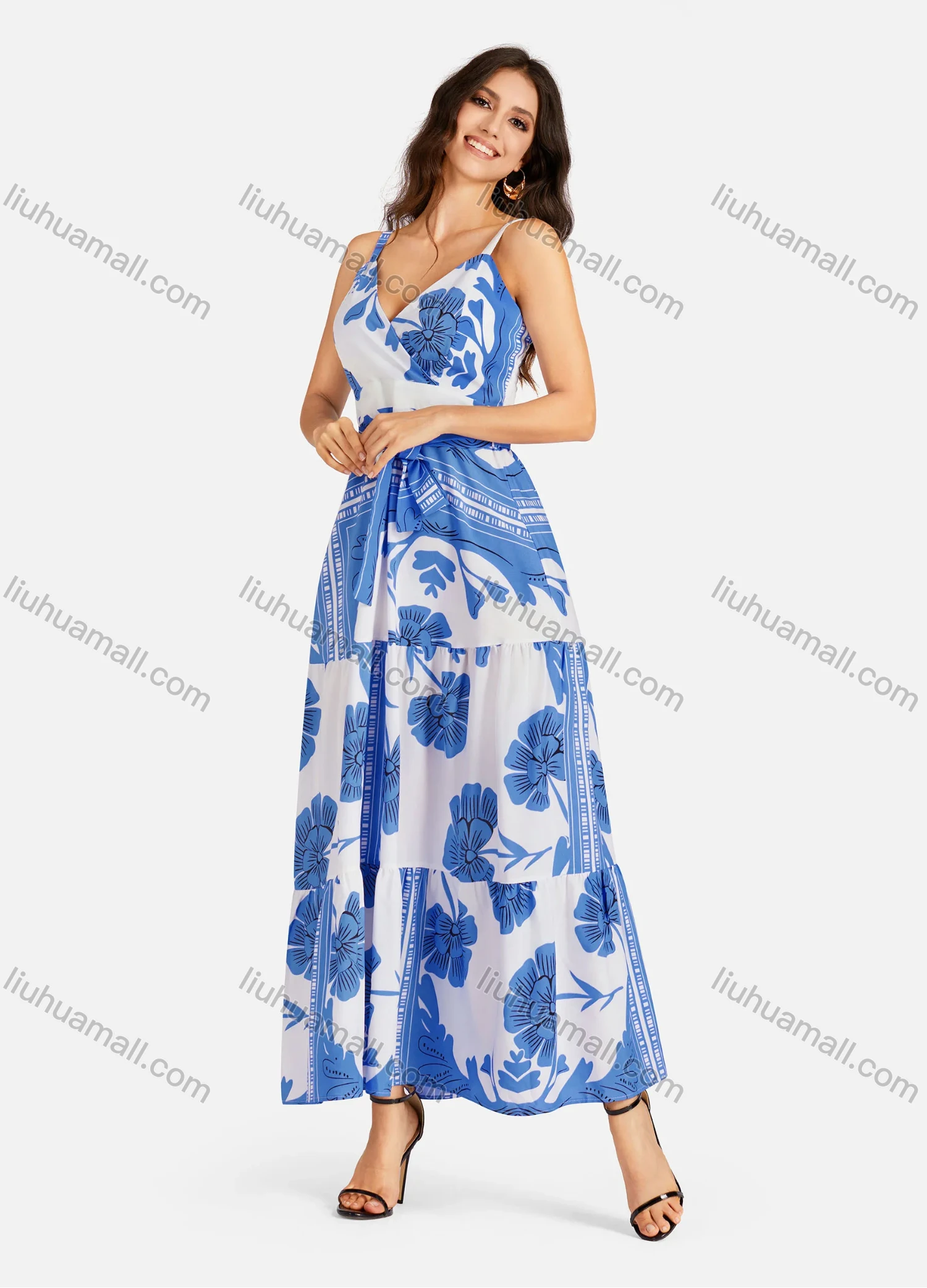 Wholesale Women's Casual Elegant Wrap V Neck Shirred Ruffle Hem Maxi Cami Dress With Belt - Liuhuamall